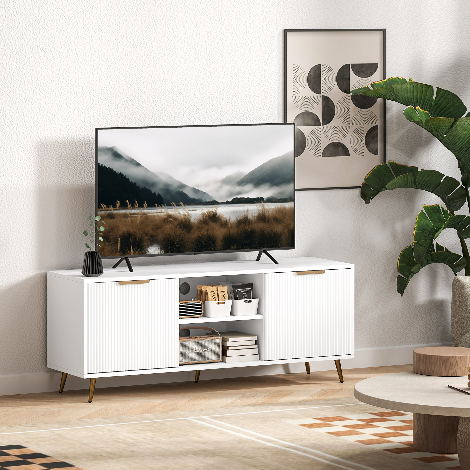 TV Stand with Storage for 55 Inch TV, Modern TV Cabinet with 2 Open Shelves and 2 Cabinets for Living Room, White - Image 6
