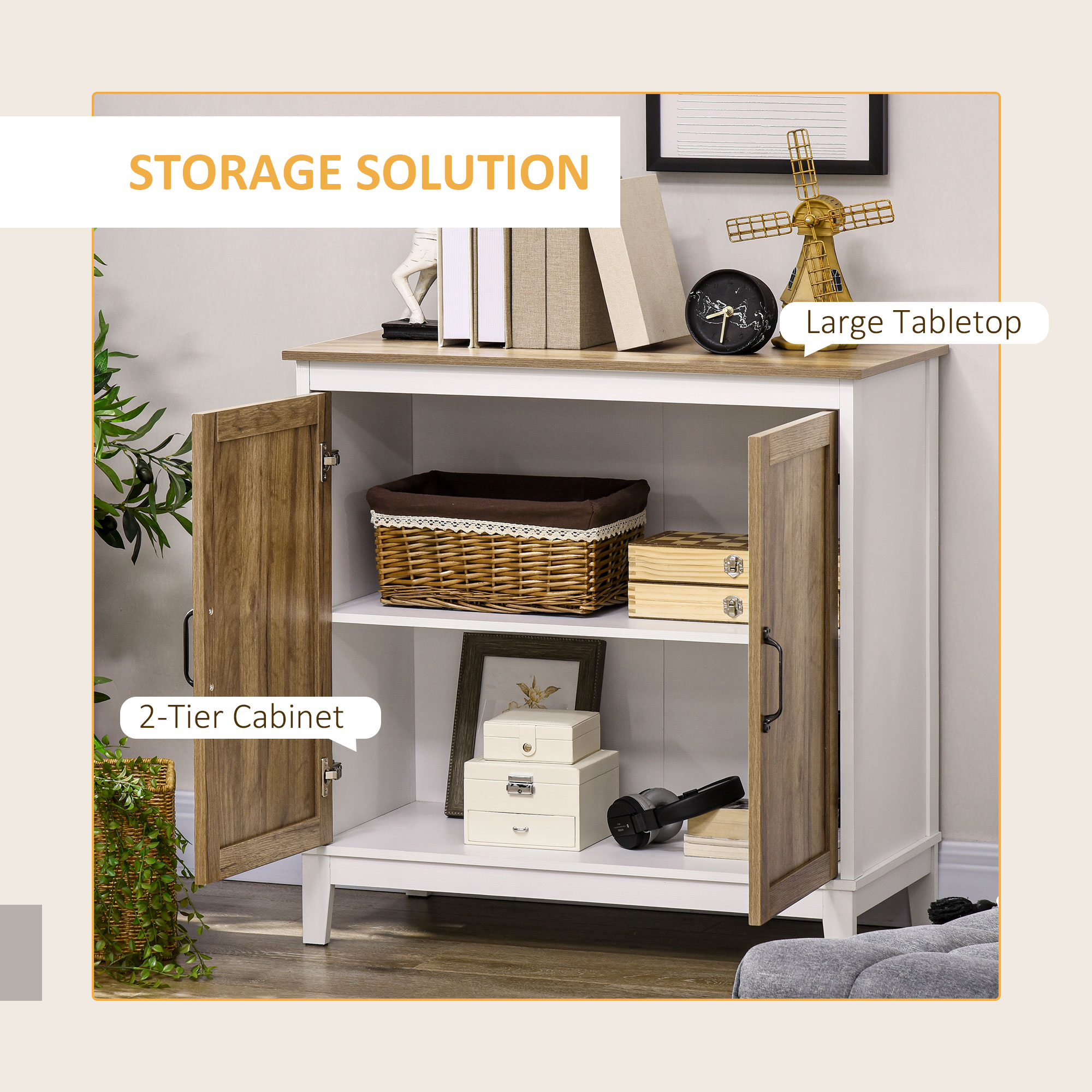 Farmhouse Sideboard, Storage Cabinet with 2 Doors and Shelves Kitchen, Living room, 30.9" x 15.4" x 30.9", Dark Oak - Image 2