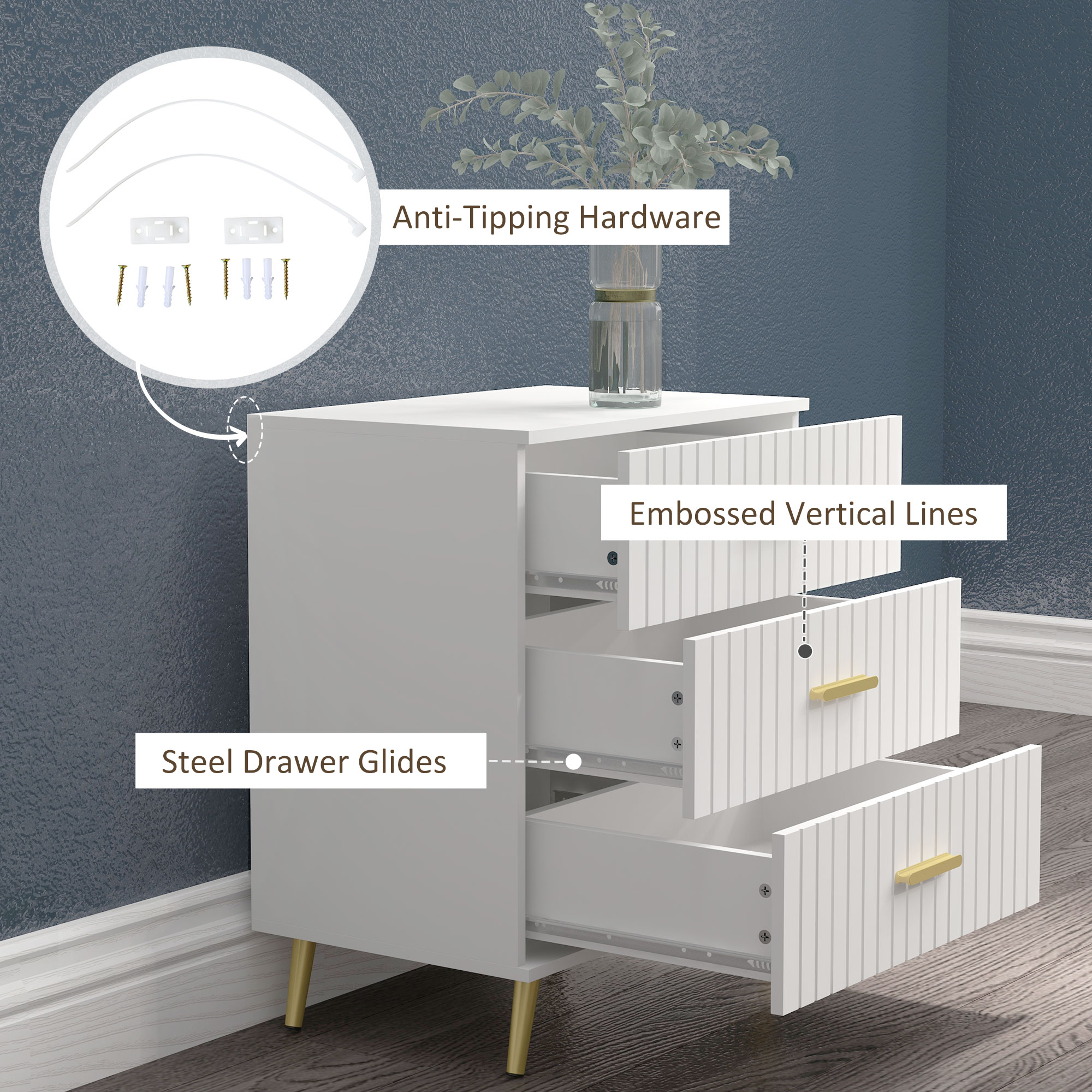 3 Drawer Cabinet, Drawer Chest for Bedroom, Chest of Drawers with Aluminium Legs and Gold Handles, White - Image 4