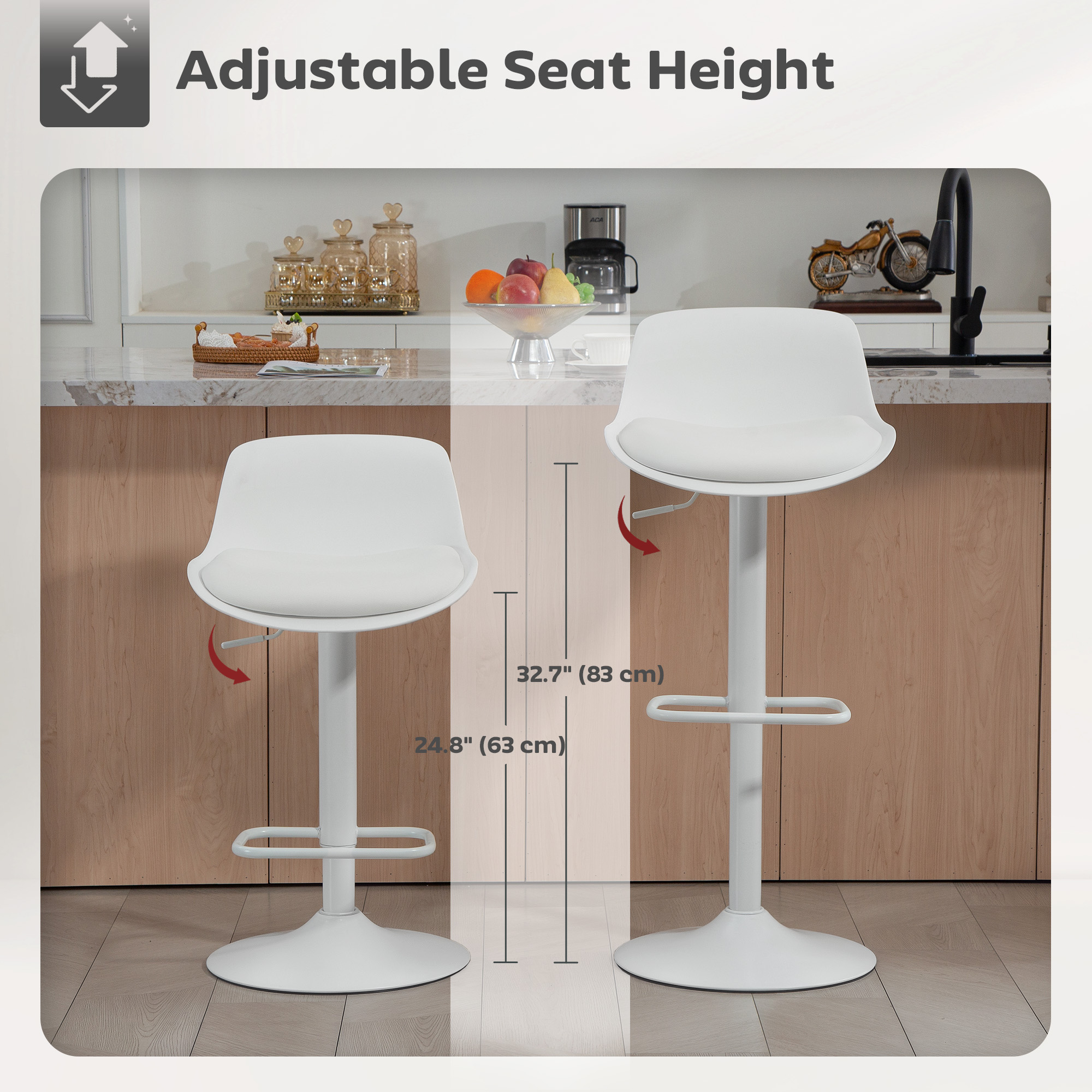 Counter Height Bar Stools Set of 2, Streamlined Bar Chairs with Adjustable Height and Swivel PU Leather Seat, White - Image 2