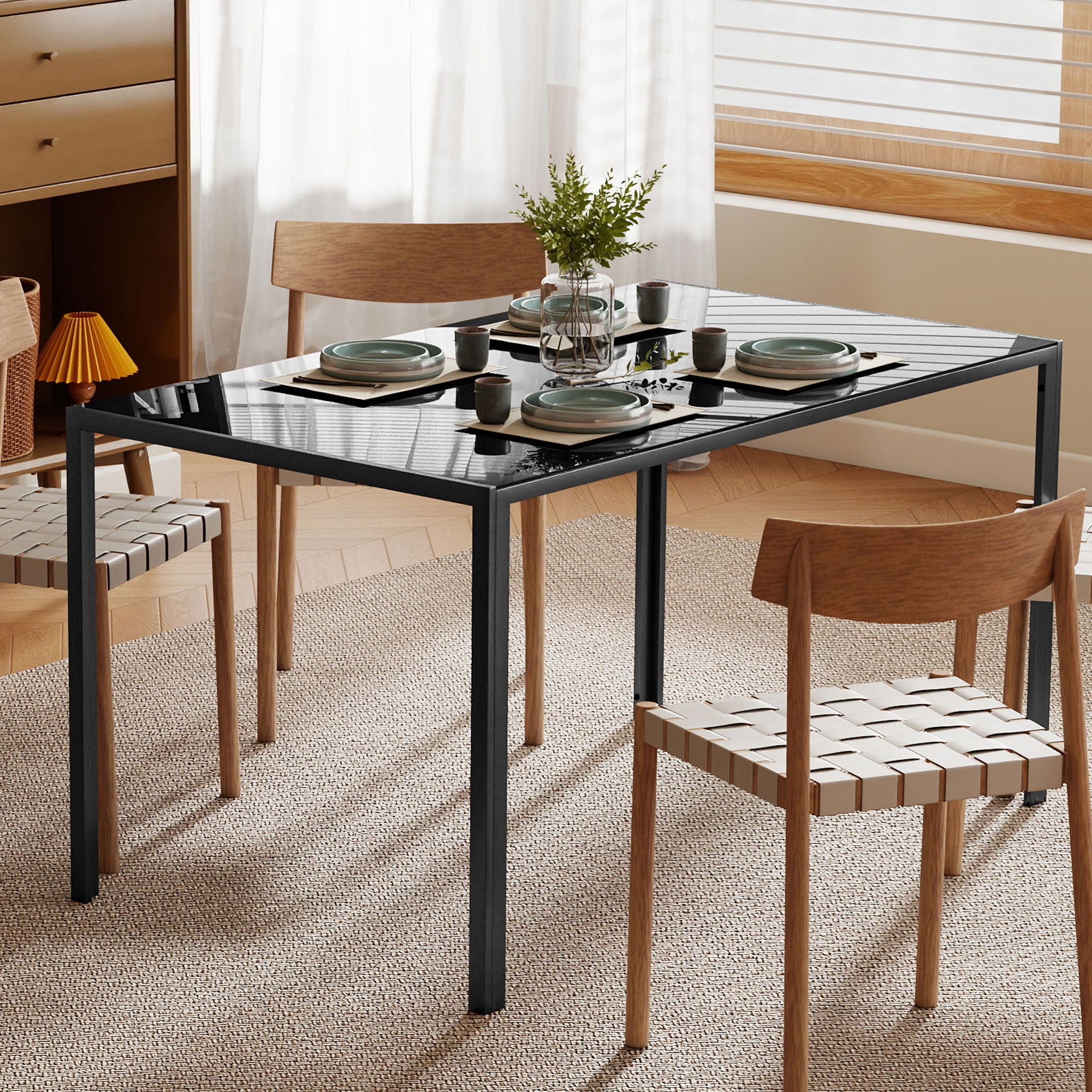 Rectangular Kitchen Table for 4 People, Dining Table with Tabletop Tempered Glass for Dining Room, Living Room, Black - Image 4