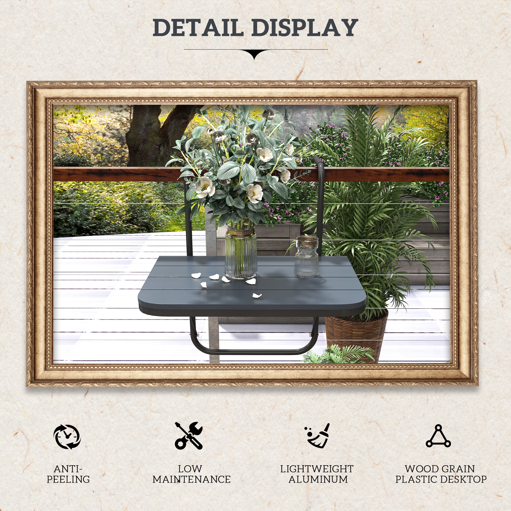 Outdoor Hanging Table, Adjustable Balcony Railing Table, Aluminum Mounting Wall Desk Rack, Foldable Outdoor Flower Stand Serving Table Rectangle, Black - Image 4