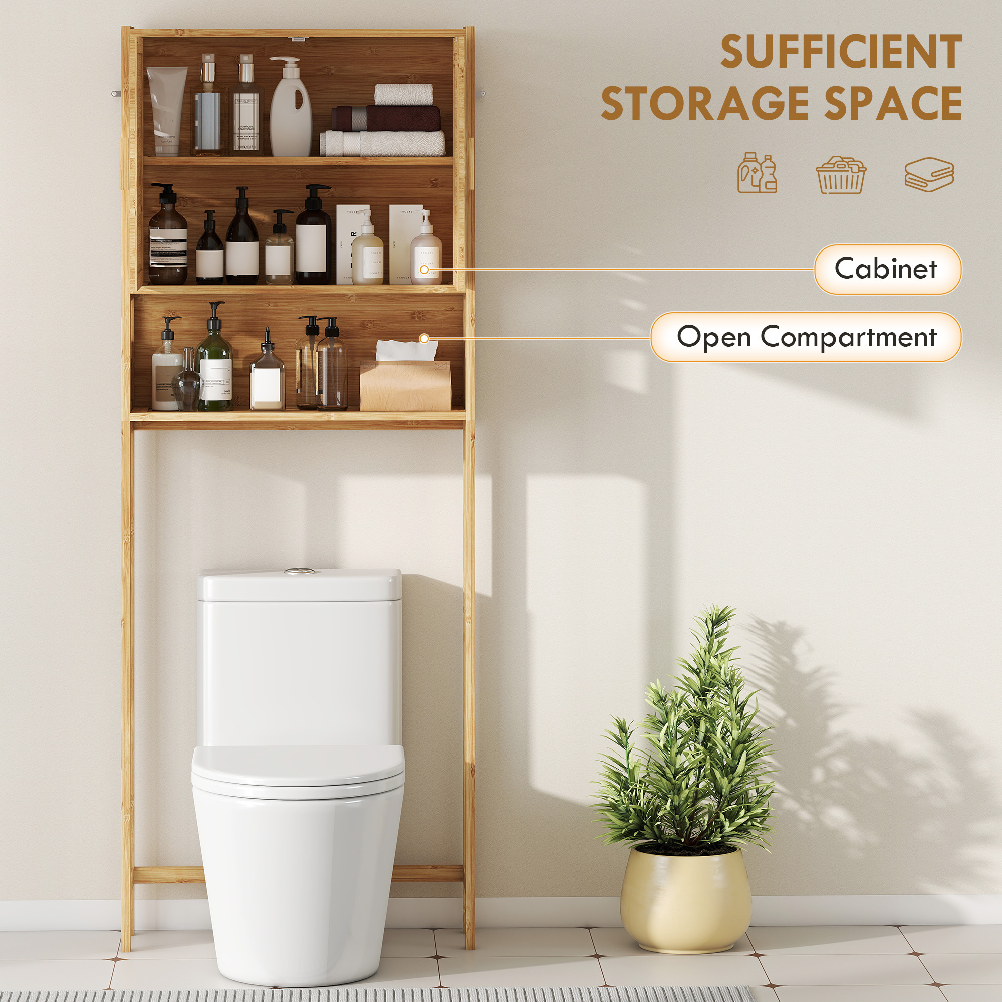 Over the Toilet Cabinet, Bathroom Organizer with 2 Doors, Open Compartment and Adjustable Shelf, Natural Wood Finish - Image 2