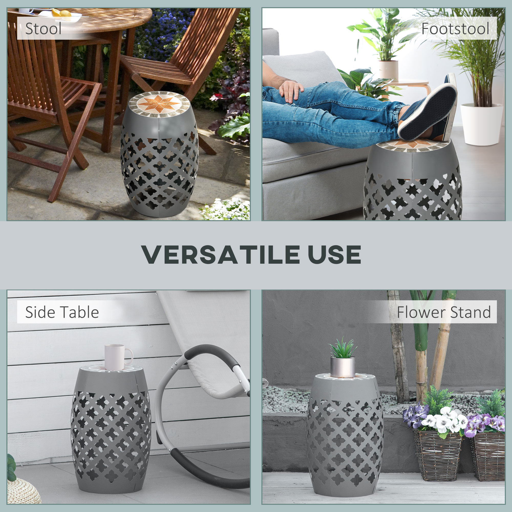 Ceramic Decorative Garden Stool, 12" Drum Outdoor Stool Side Table Plant Stand for Outdoor Indoor, Grey - Image 3