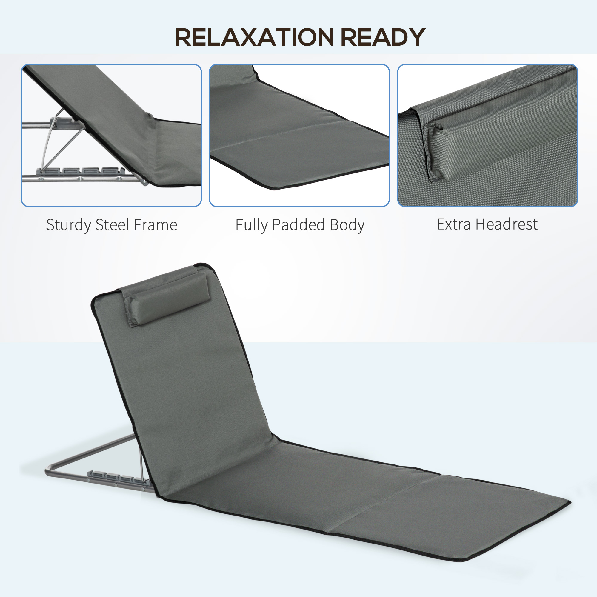 Set of 2 Sun Lounger Beach Mat Folding Lounge Chair Mat with Adjustable Back Steel Frame Head Pillow Carry Bag Grey - Image 4