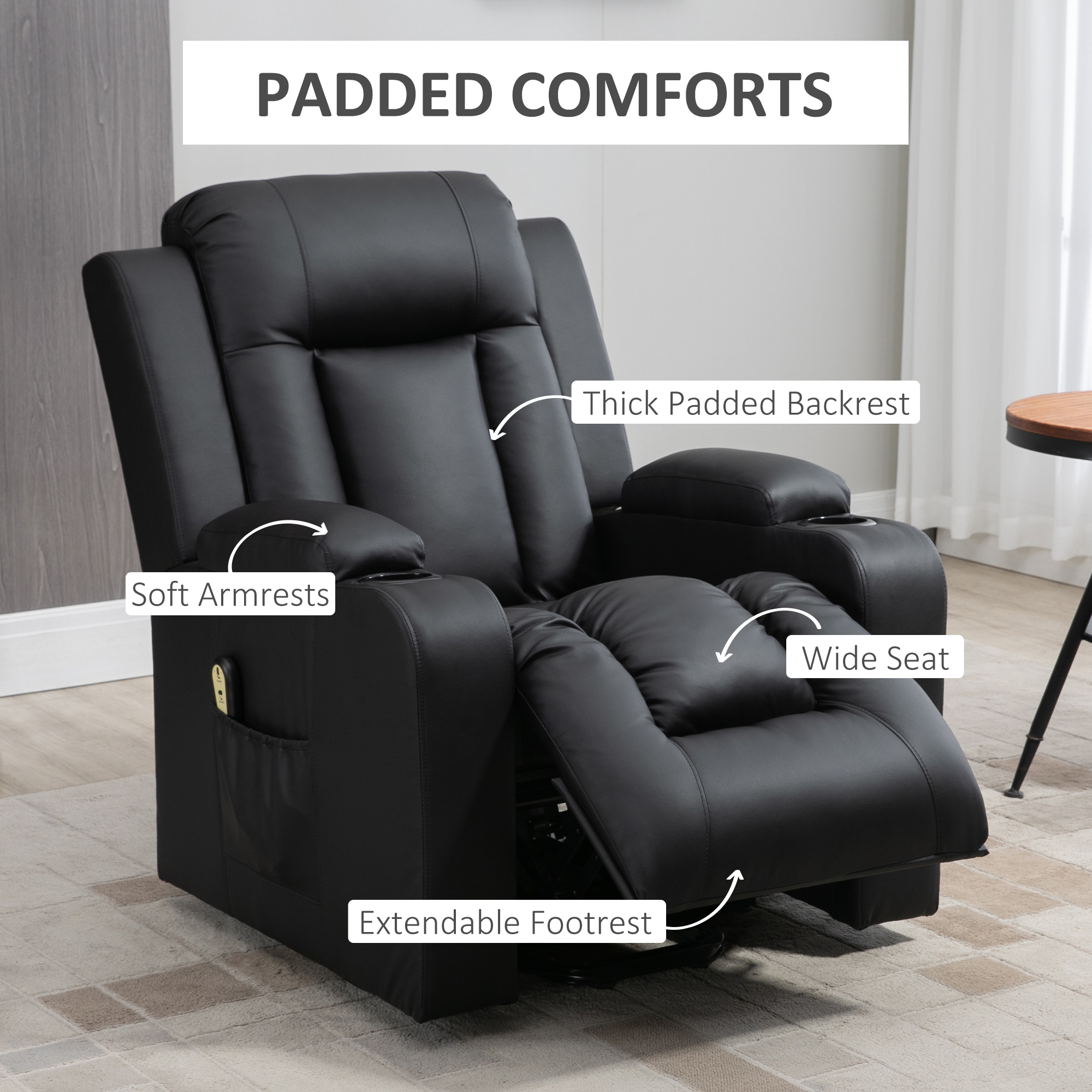 Power Lift Recliner Chair for Elderly, PU Leather Electric Recliner Chair with Footrest, Remote Control, Side Pockets and Cup Holders for Living Room, Black - Image 4