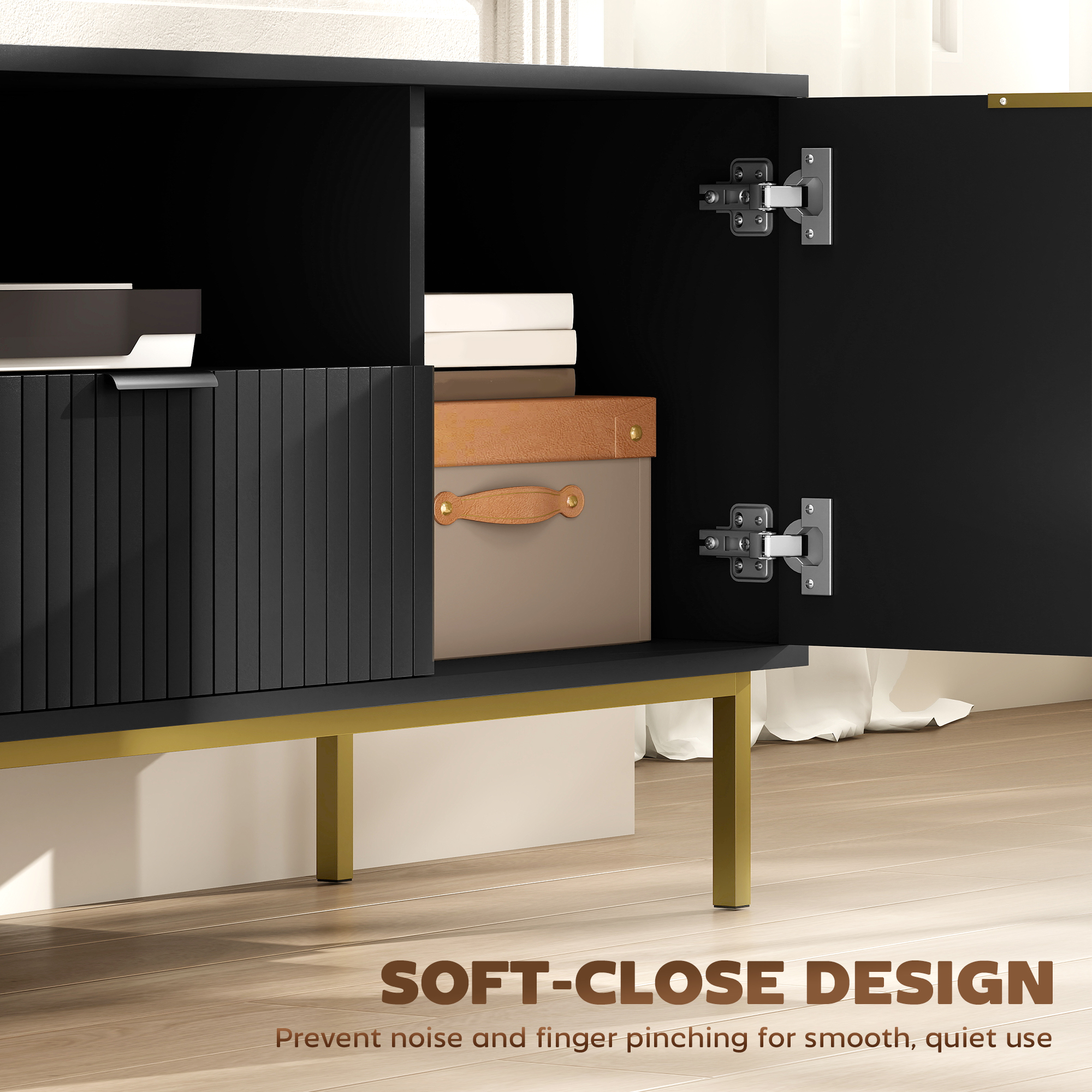 Modern TV Console for TVs up to 60 Inch, Entertainment Center with Smart RGB LED Lights and Soft Close Doors, Black - Image 4