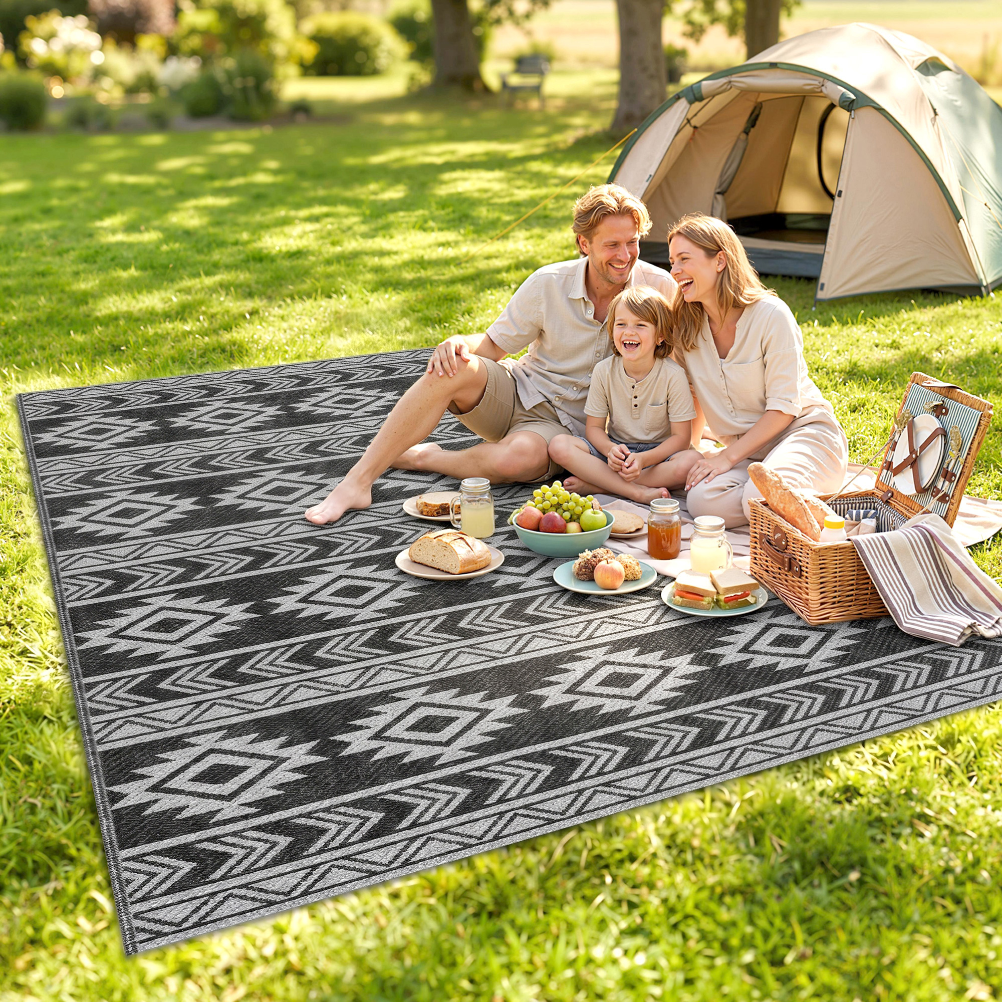 Reversible Outdoor RV Rug, Patio Floor Mat, 6' x 9' Plastic Straw Rug for Backyard, Deck, Beach, Camping, Black & Grey - Image 6