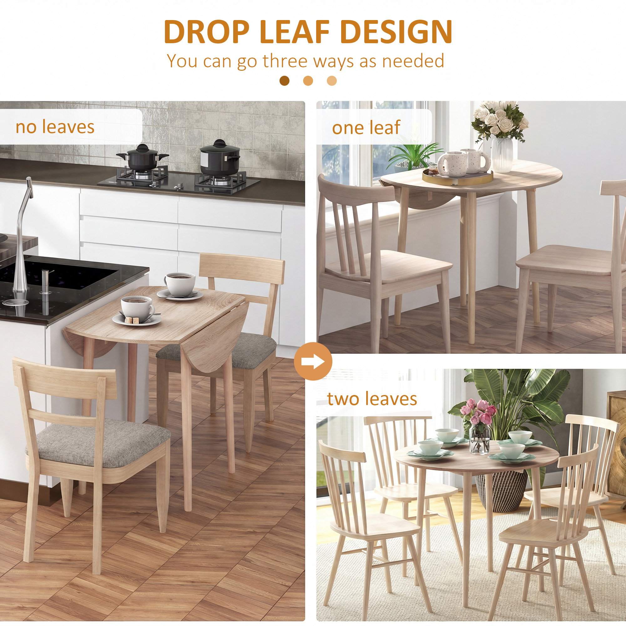 Folding Dining Table, Round Drop Leaf Kitchen Table for Small Spaces with Wood Legs, Oak - Image 2