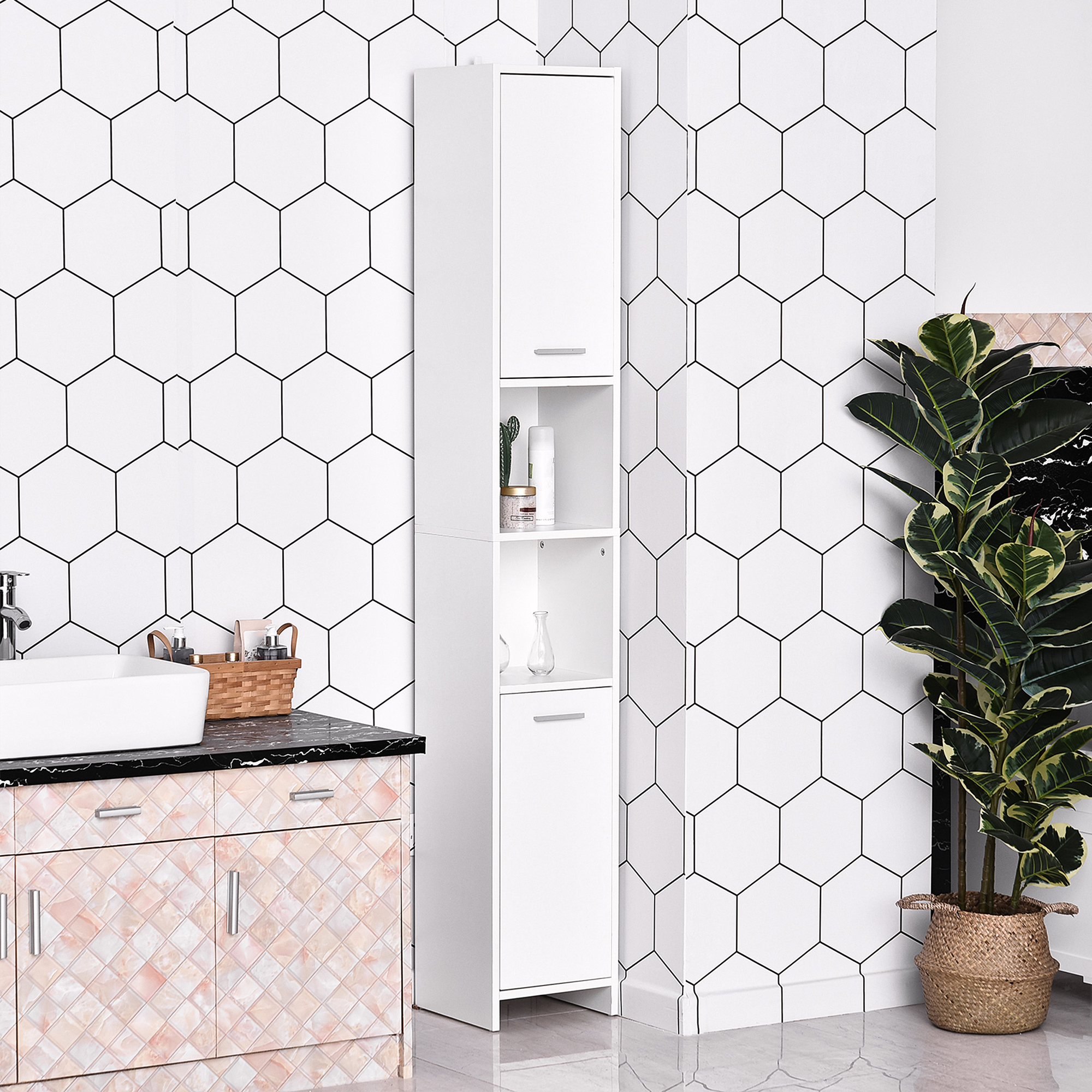 Tall Bathroom Vanities, Narrow Bathroom Cabinets with 2 Doors, Open Compartment and Adjustable Shelves, White - Image 6