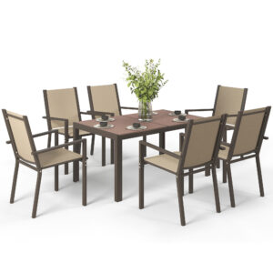 7 Piece Outdoor Dining Set with Rectangular Table and 6 Stackable Chairs, for Backyard, Lawn, Deck, Balcony, Pool Side