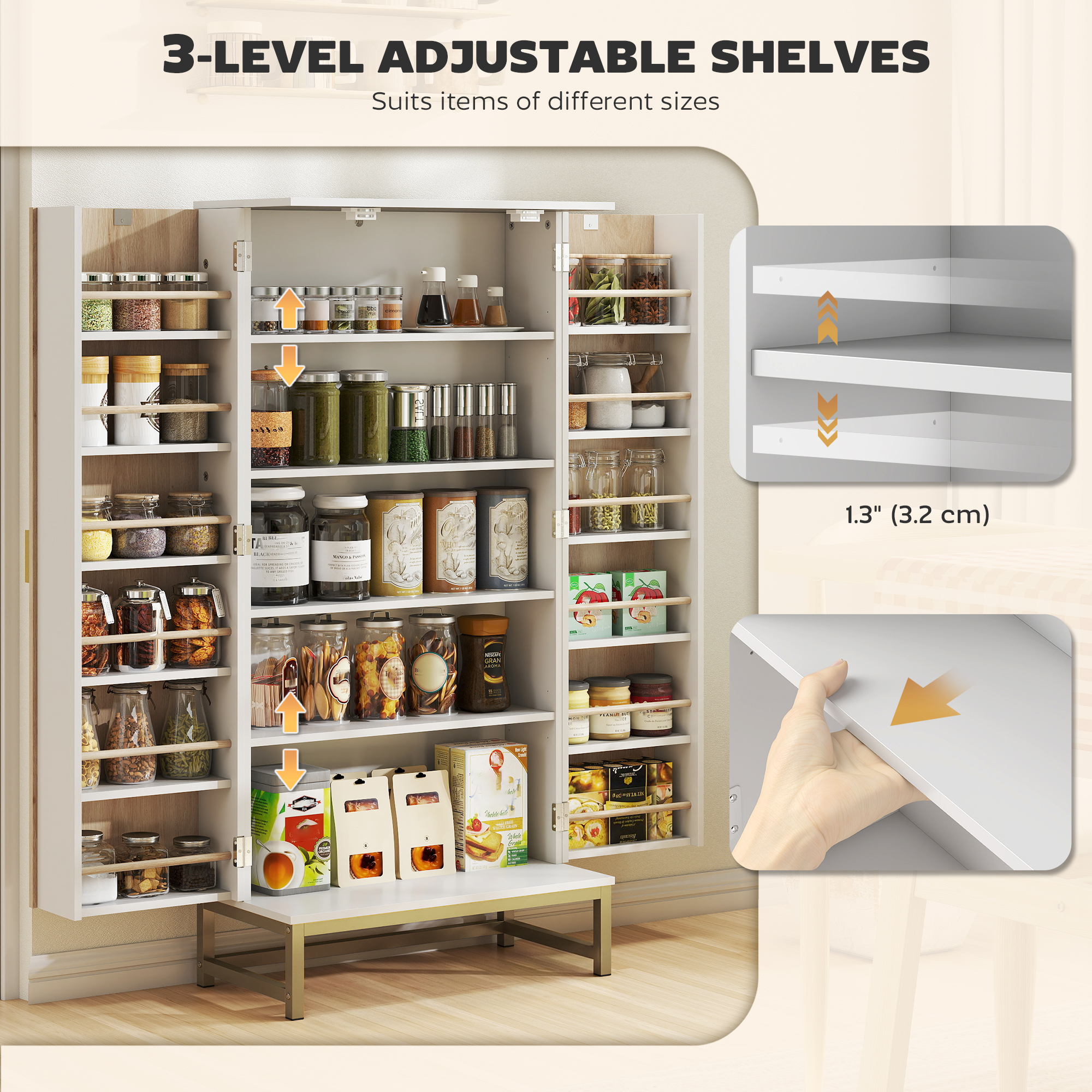 47" Kitchen Pantry Cabinet, Freestanding Kitchen Storage Cabinet with 12 Door Shelves and Adjustable Shelves, White - Image 3