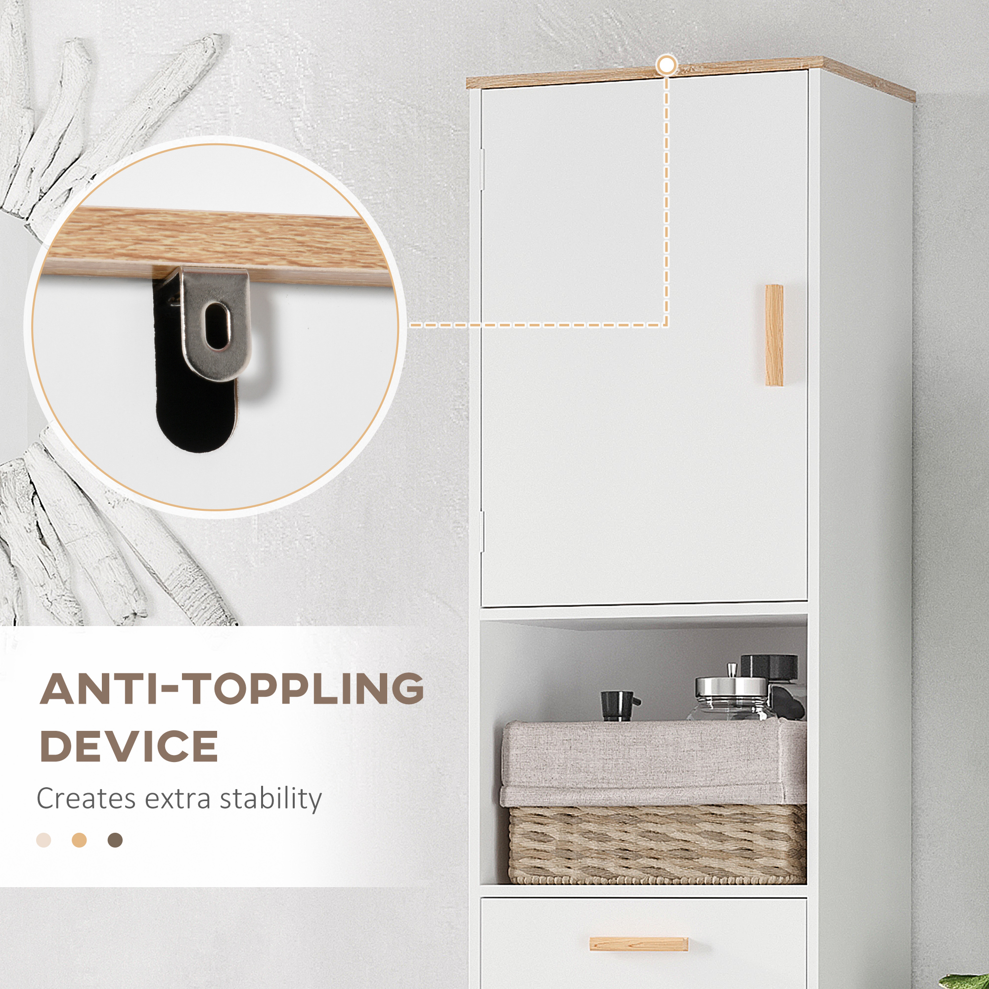 Bathroom Storage Cabinet with Cupboards and Drawer, Floor Free Standing Linen Tower, Tall Slim Side Organizer Shelves, White - Image 4