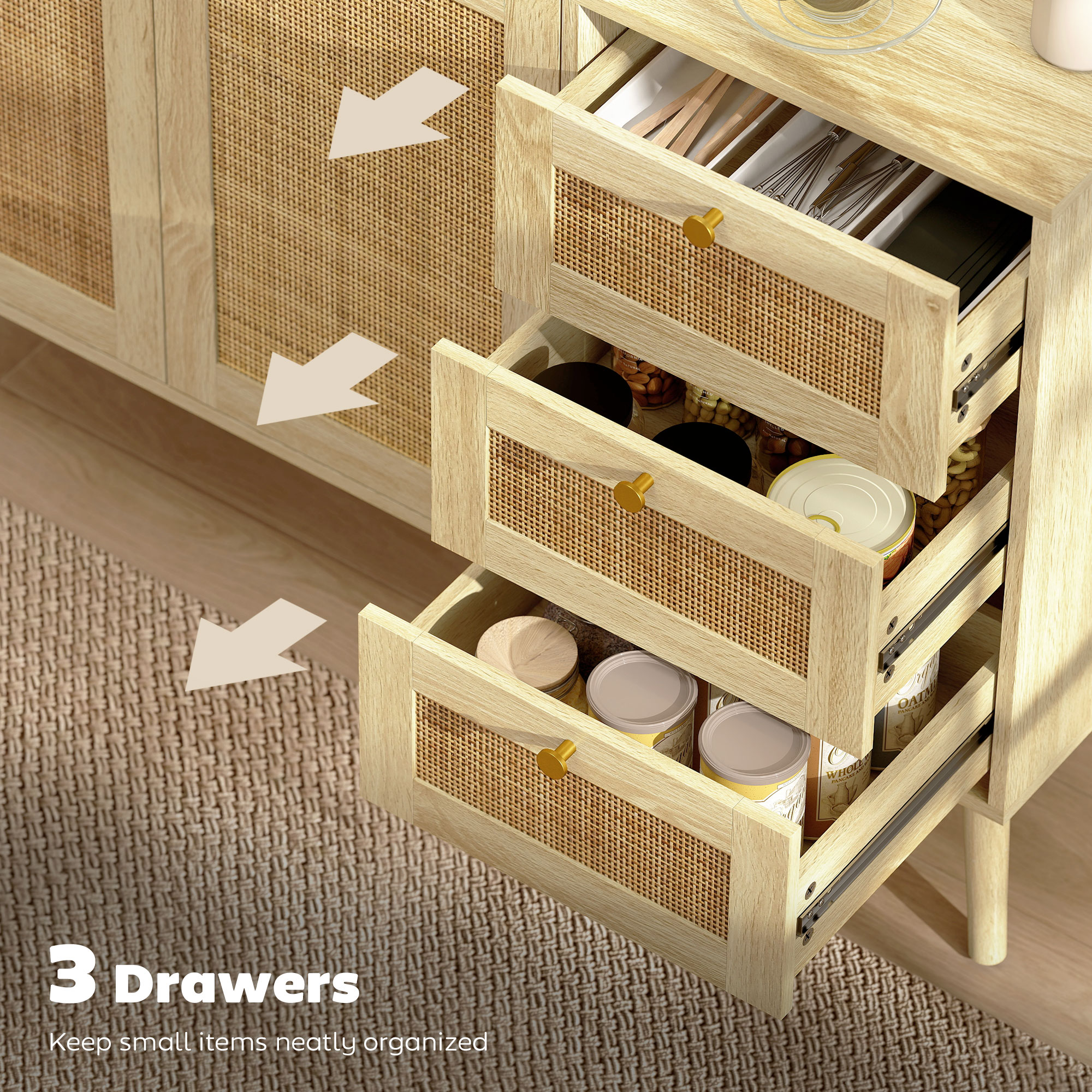 47" Buffet Cabinet with Soft-Close Doors, Rattan Sideboard with Drawers, Adjustable Shelf and Wooden Legs, Natural - Image 3