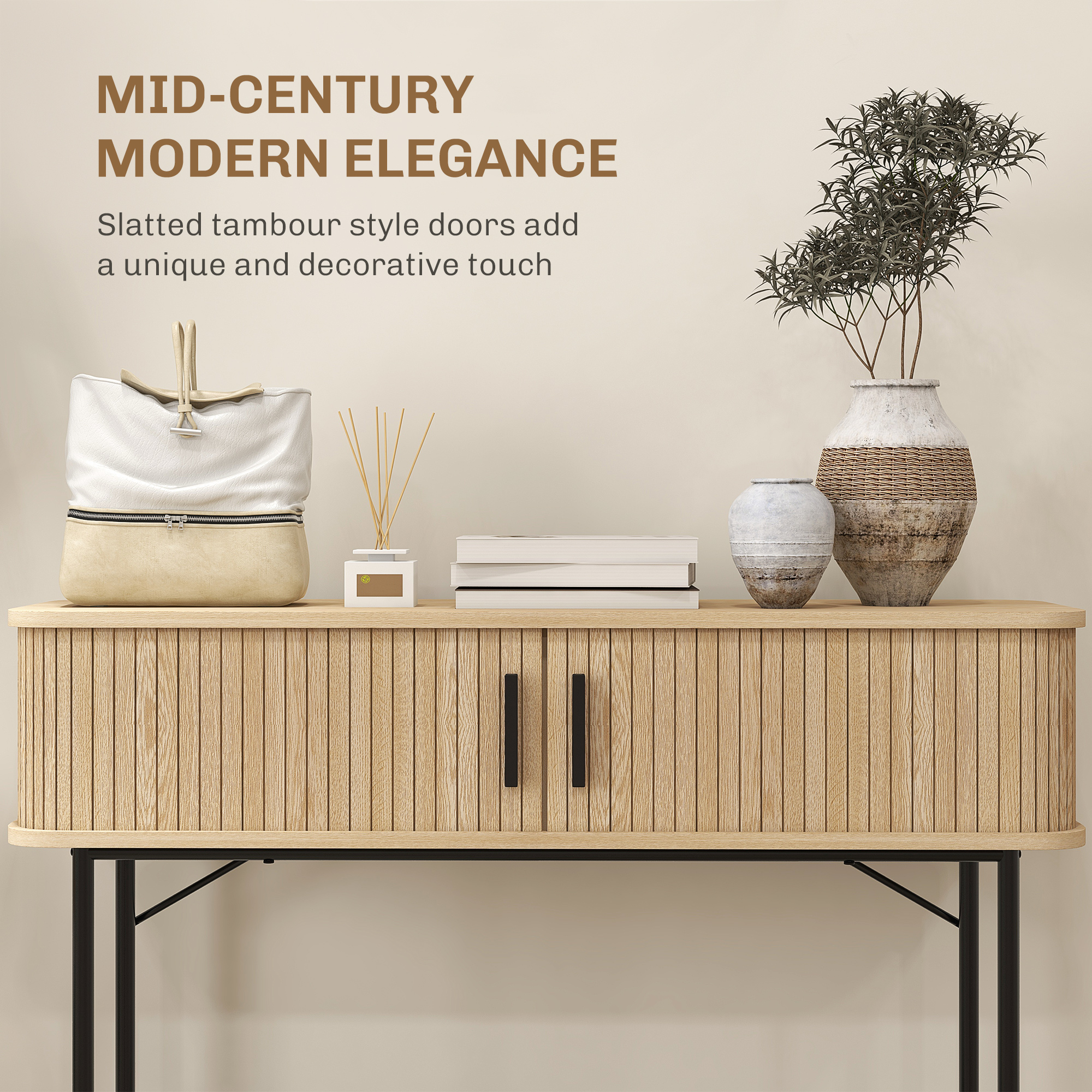 Mid-Century Entryway Table, Narrow Console Table with Storage Compartments for Behind Couch, Living Room, Oak and Black - Image 2