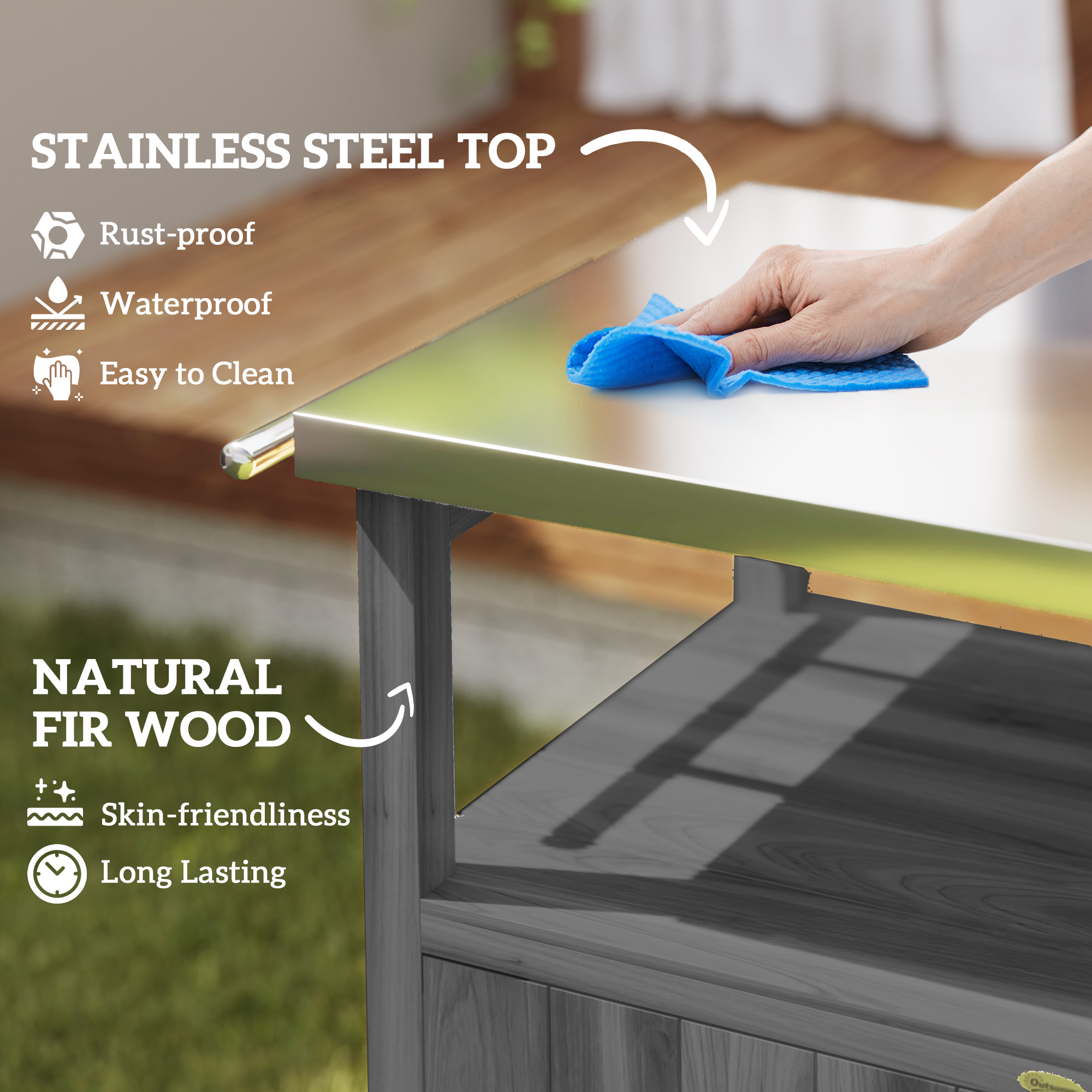 Grill Table with Stainless Steel Top, Pizza Oven Table with Storage Cabinet, Spice Rack, Wheels, Handle, Dark Grey - Image 2