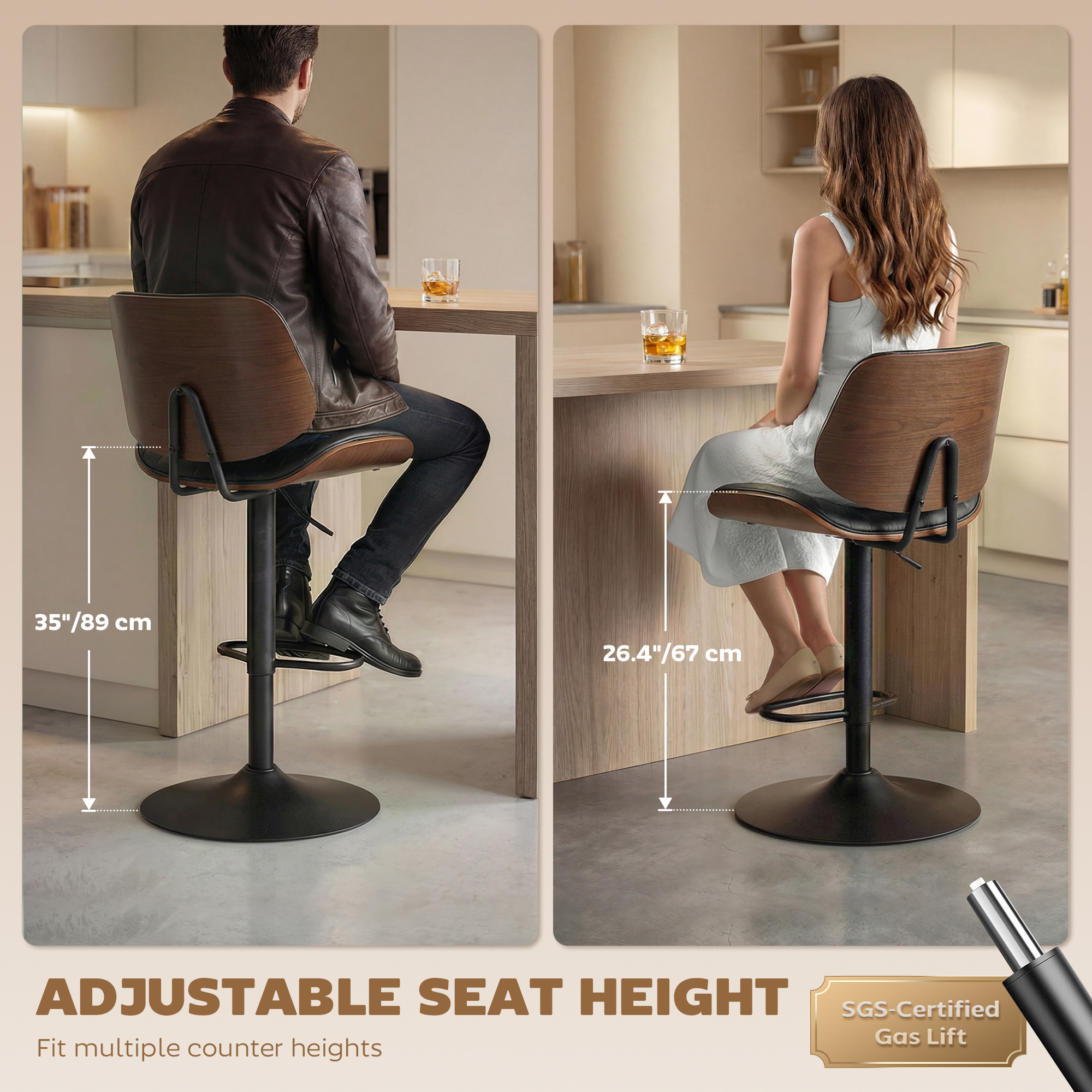 Bar Stools Set of 2, Swivel Counter Height Barstools with Back, Adjustable Height, Black - Image 4