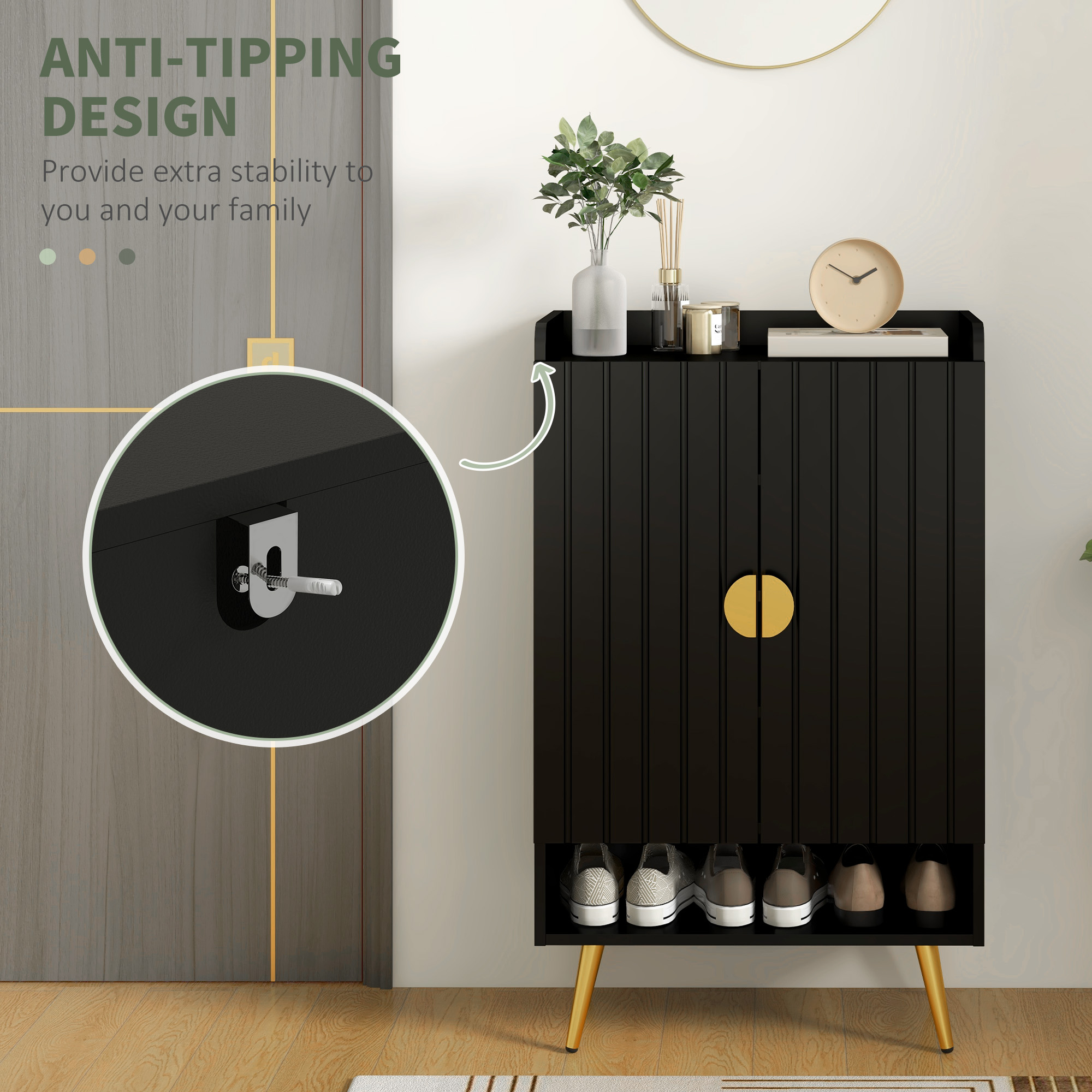 Entryway Shoe Storage Cabinet, Narrow Shoe Cabinet with Adjustable Shelves and Open Shelf for 15 Pairs of Shoes, Black - Image 4