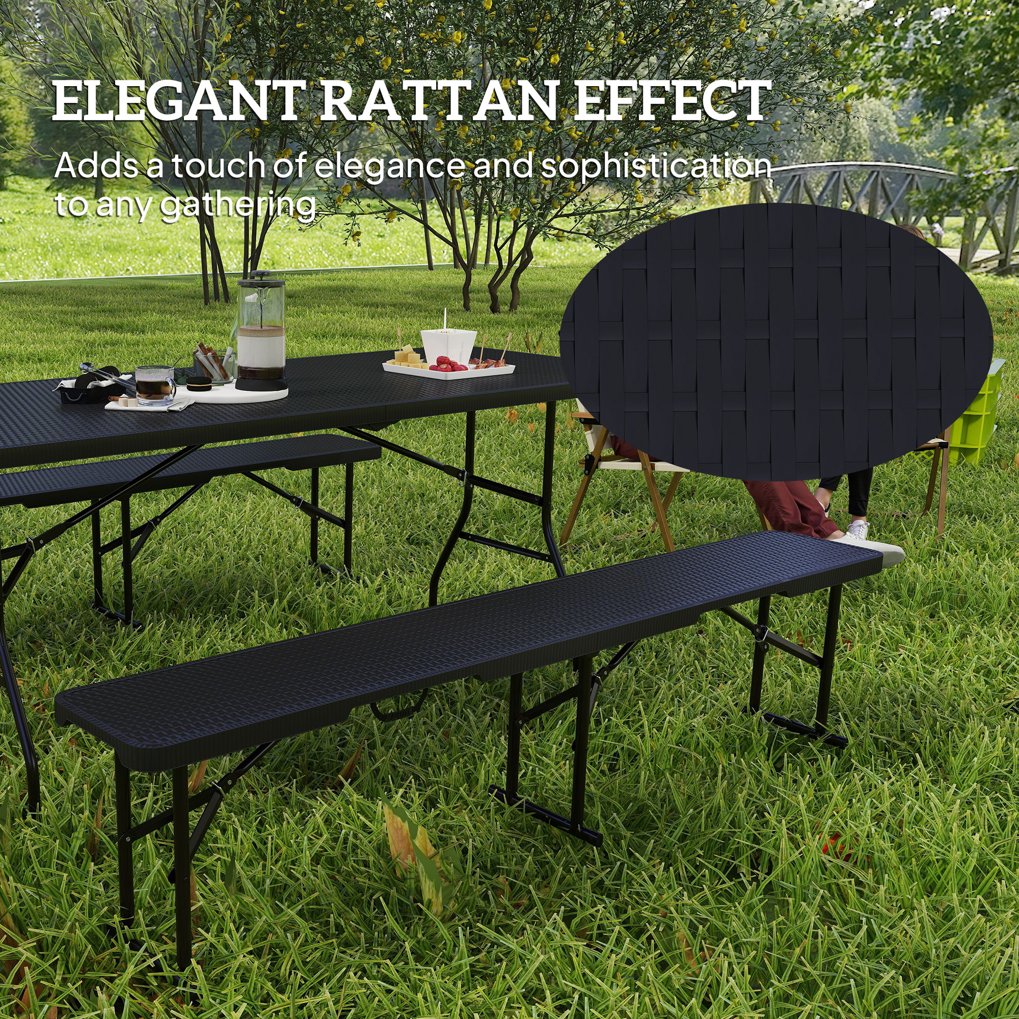 6FT 3PCS Faux Rattan Outdoor Camping Table Bench Set with Carrying Handles, Folding Picnic Table with 2 Benches, Black - Image 2