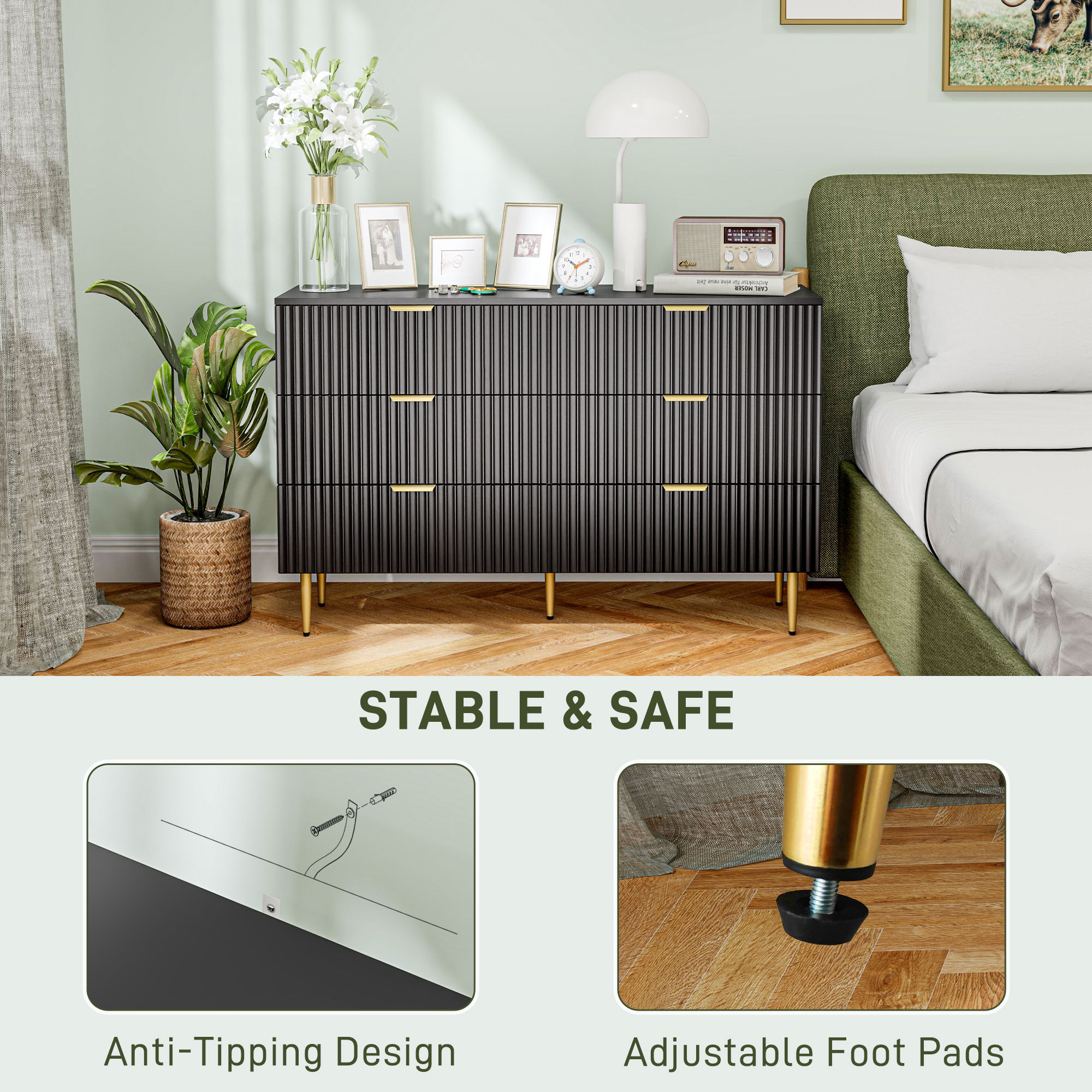 Modern Chest of Drawers 6 Drawer Dresser for Bedroom with Gold Legs and Handles, Black - Image 4