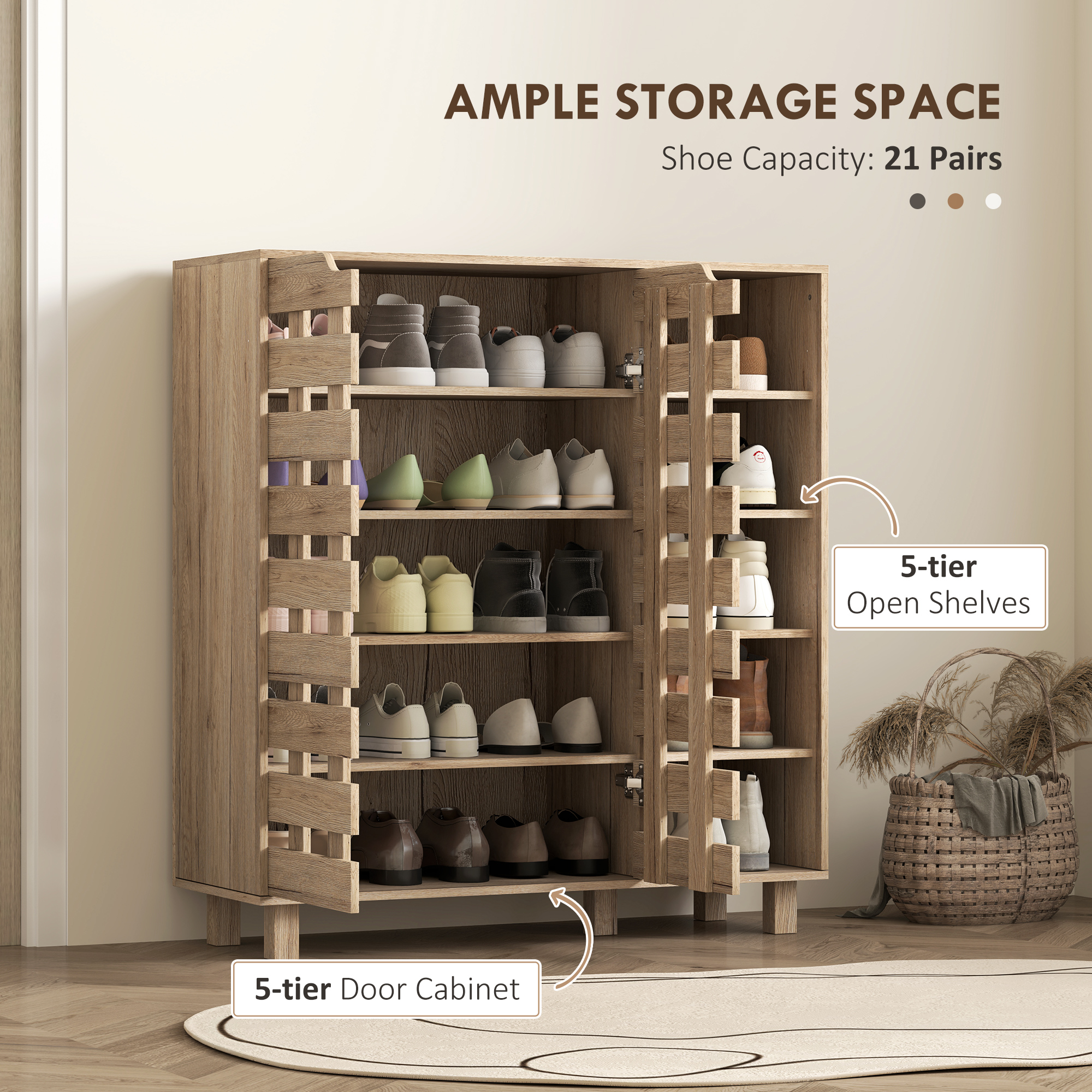 Shoe Cabinet, 21 Pair Shoe Storage Cabinet Organizer with 5-tier Double Door Cabinet and 5-tier Open Shelves, Beige - Image 3