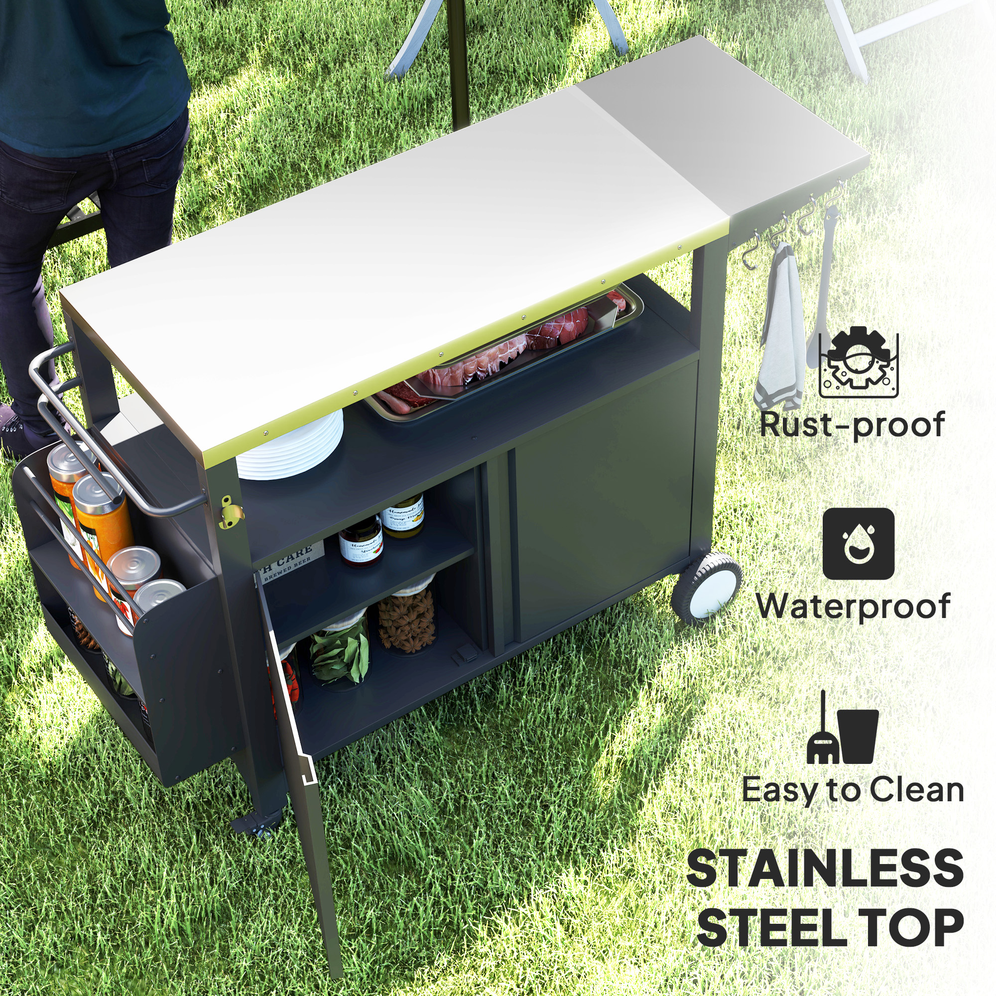 Outdoor Grill Cart with Foldable Side Table, Stainless Steel Tabletop, Pizza Oven Stand with Storage Rack, Wheels - Image 2
