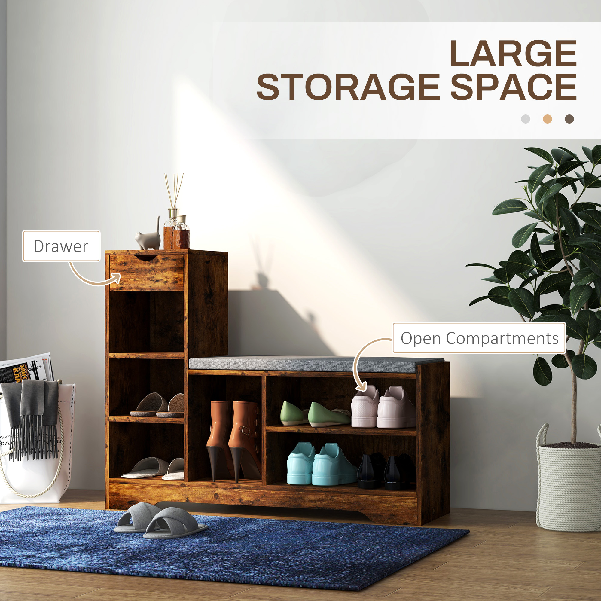 Upholstered Shoe Storage Bench w/ Seat, Entrance Bench w/ Drawer and 6 Open Shelves for Hallway, Rustic Brown - Image 2