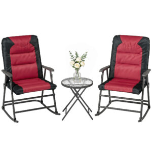 3pc Patio Foldable Rocking Chair Set, Outdoor Rocking Chairs and Table Bistro Set w/ Padded Seat, Headrest, Backrest for park, backyard, garden, Red