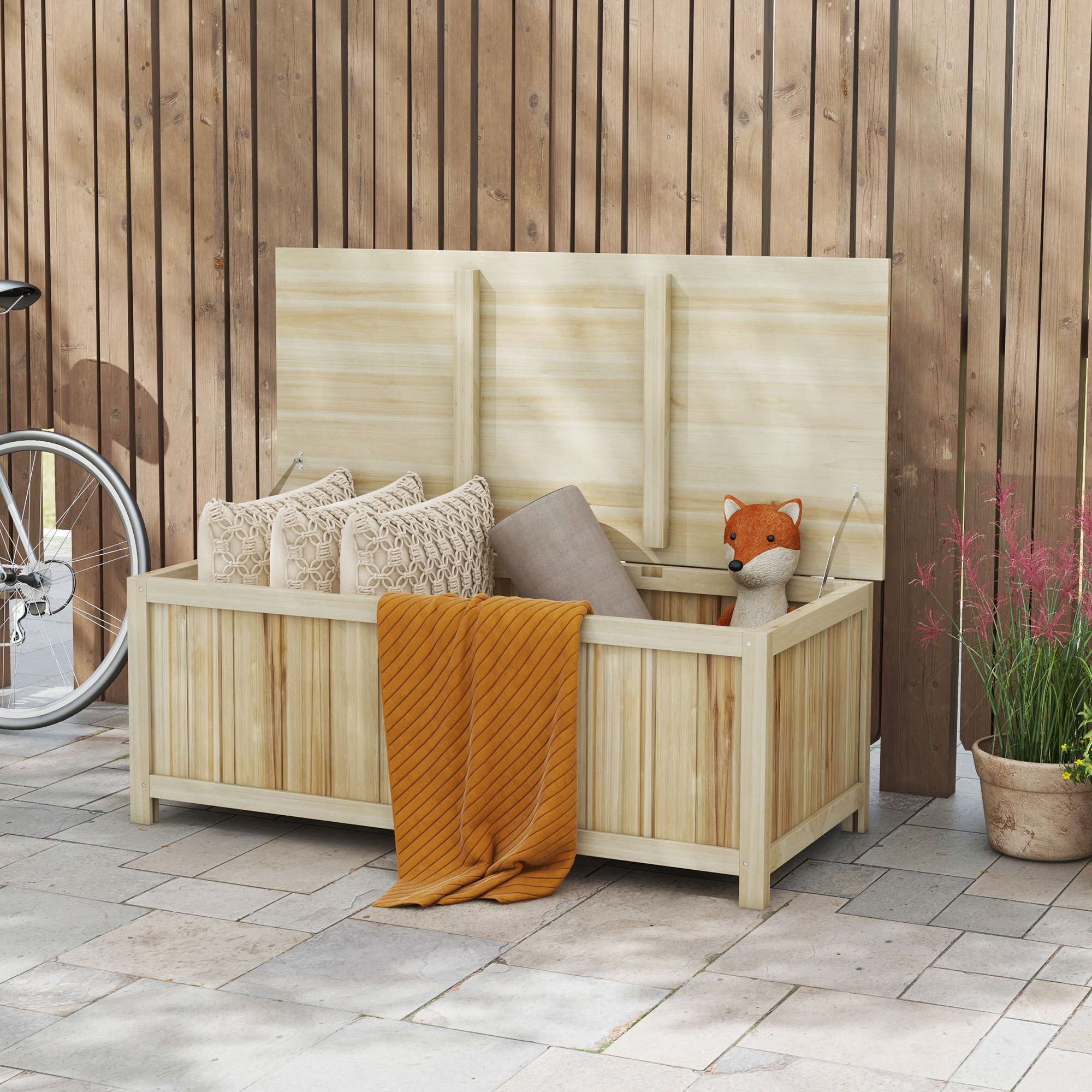 45 Gallon Wooden Storage Box patio Deck Box Bench, Garden Backyard Outdoor Storage Container, Natural - Image 6