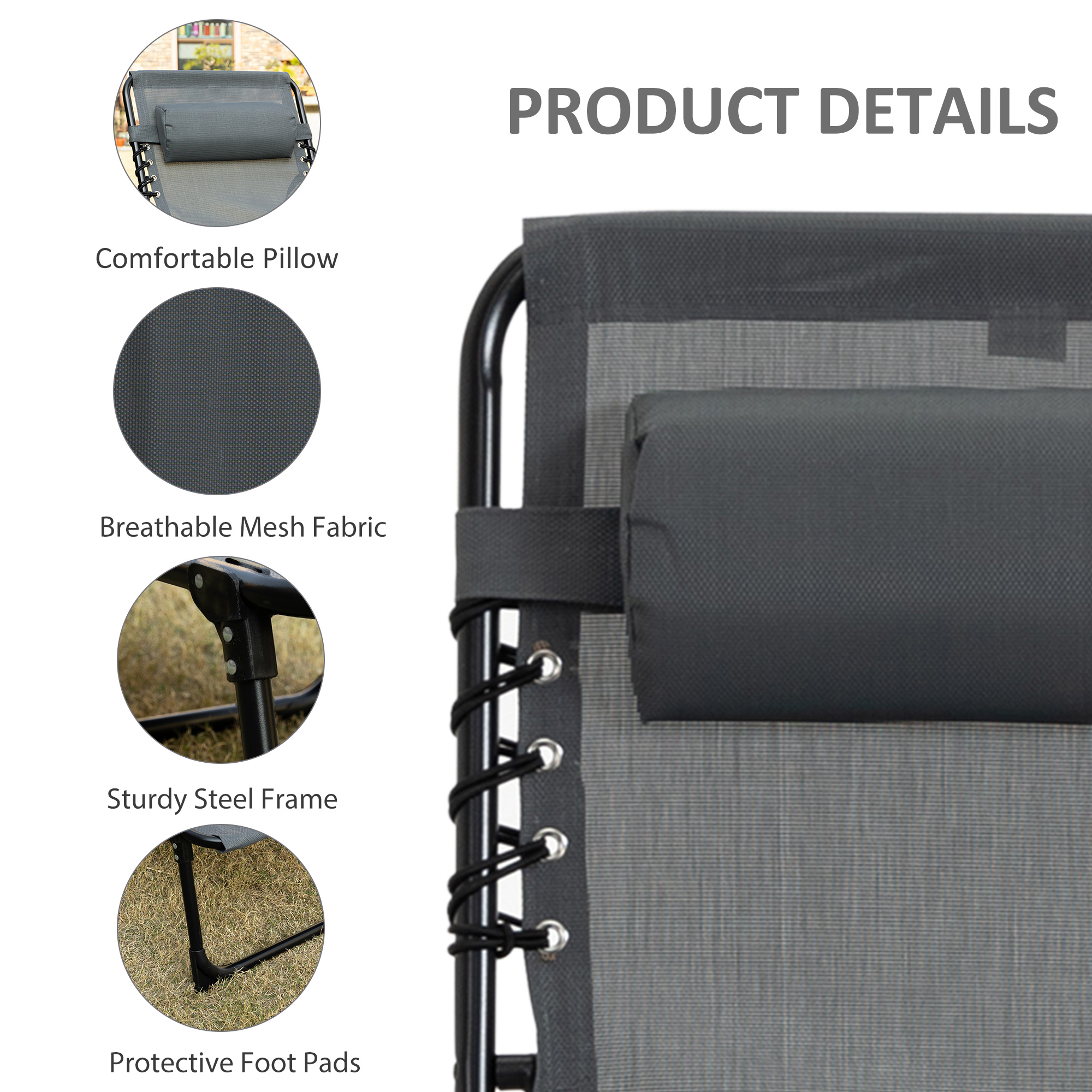 Outdoor Folding Chaise Lounge, Reclining Lounge Chair with Adjustable Backrest and Removable Pillow, Grey - Image 3