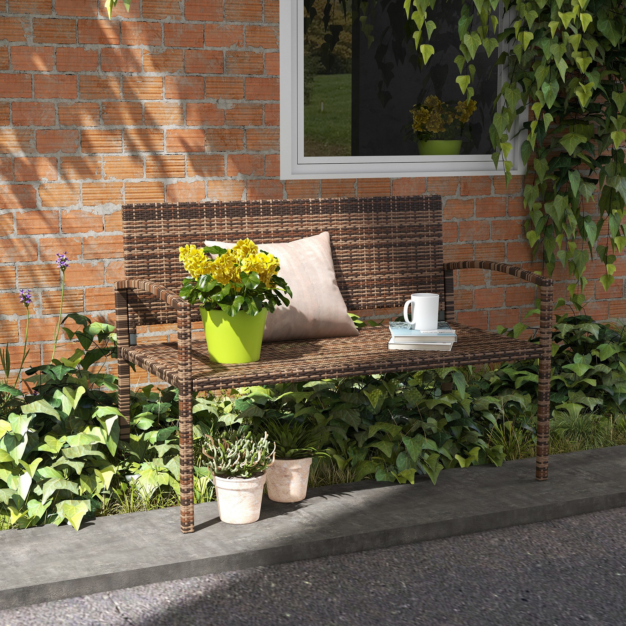 Rattan Wicker Loveseat Garden Furniture Leisure Chair with Armrests Brown - Image 6