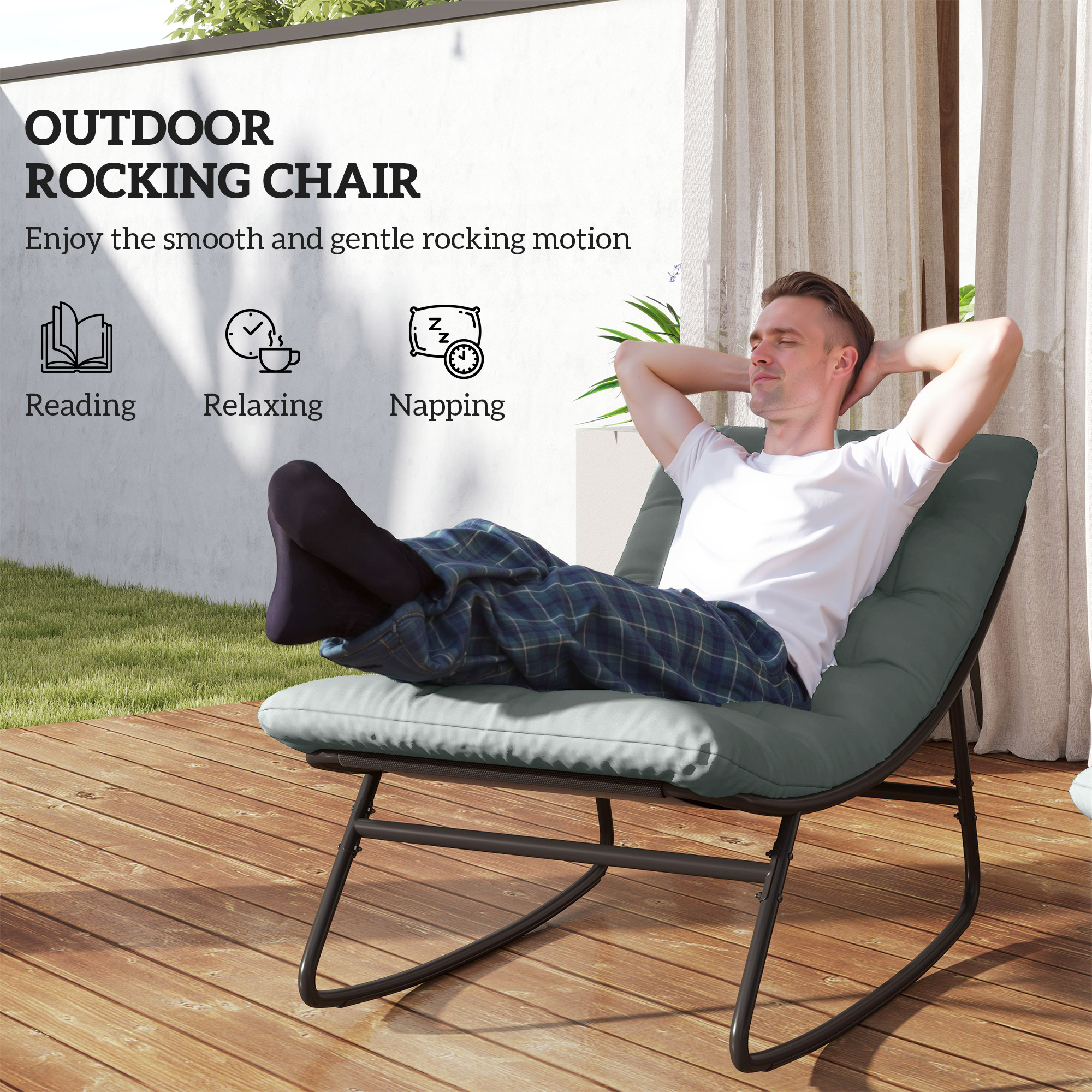 Outdoor Patio Rocking Chair with Cushion, Steel Frame Balcony Chair with Mesh Deep Seat for Porch, Garden, Grey - Image 2
