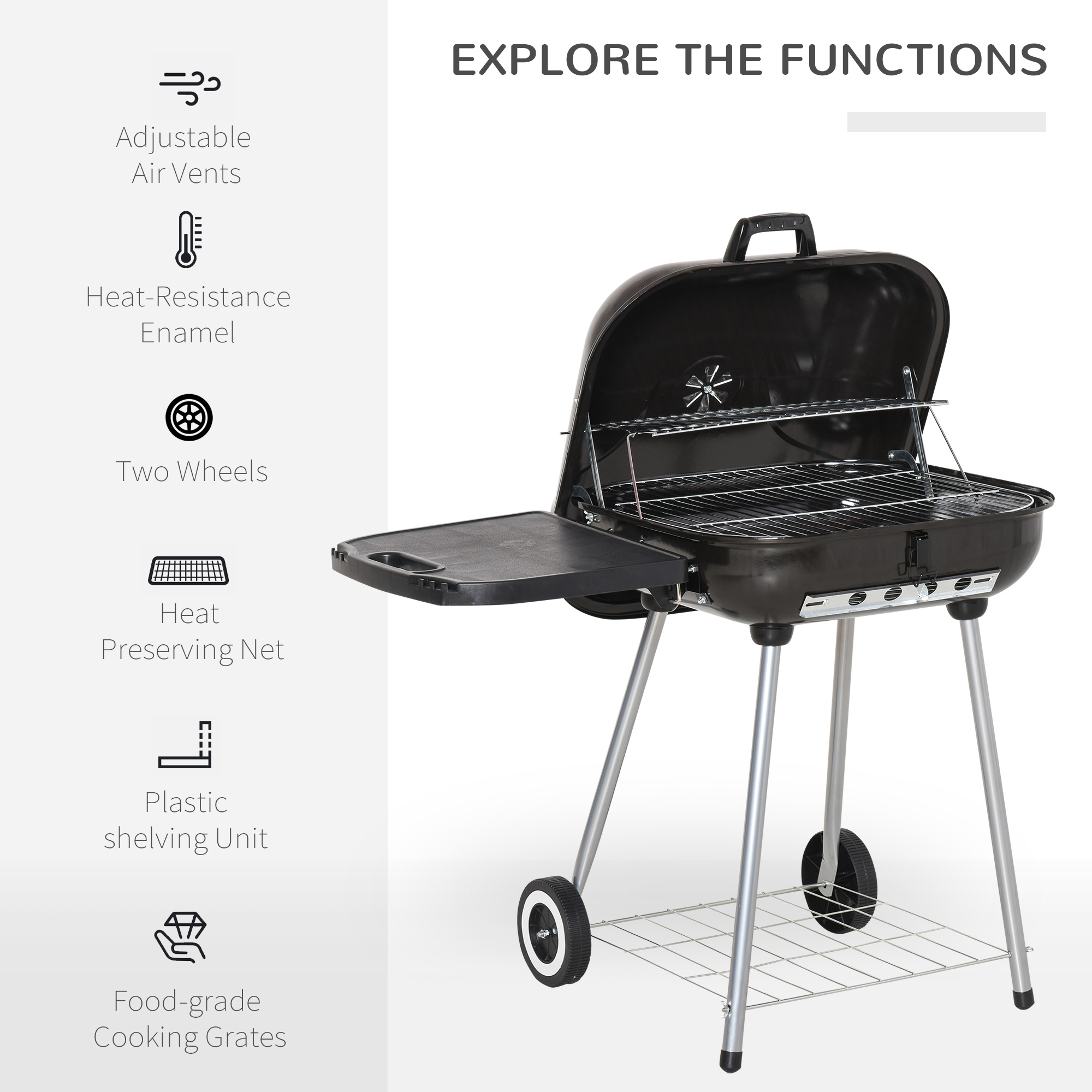 Charcoal BBQ Grill with Warming Rack & Storage Side Table, Portable Barbecue Smoker, 89 x 60 x 83 cm, Black - Image 2