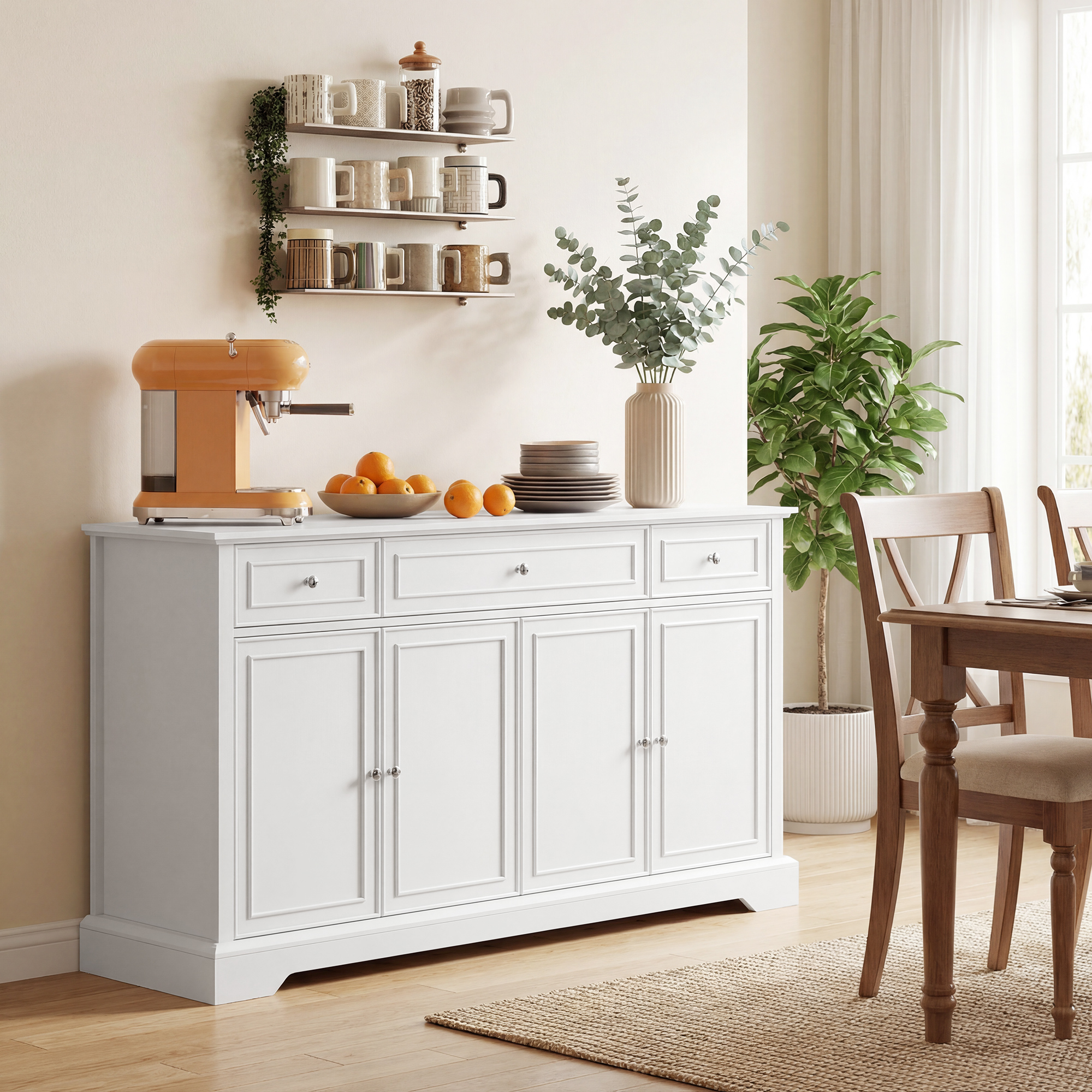 Sideboard Buffet Cabinet, 54" Kitchen Storage Cabinet with Soft-Close Doors, 3 Drawers and 2 Adjustable Shelves, White - Image 6