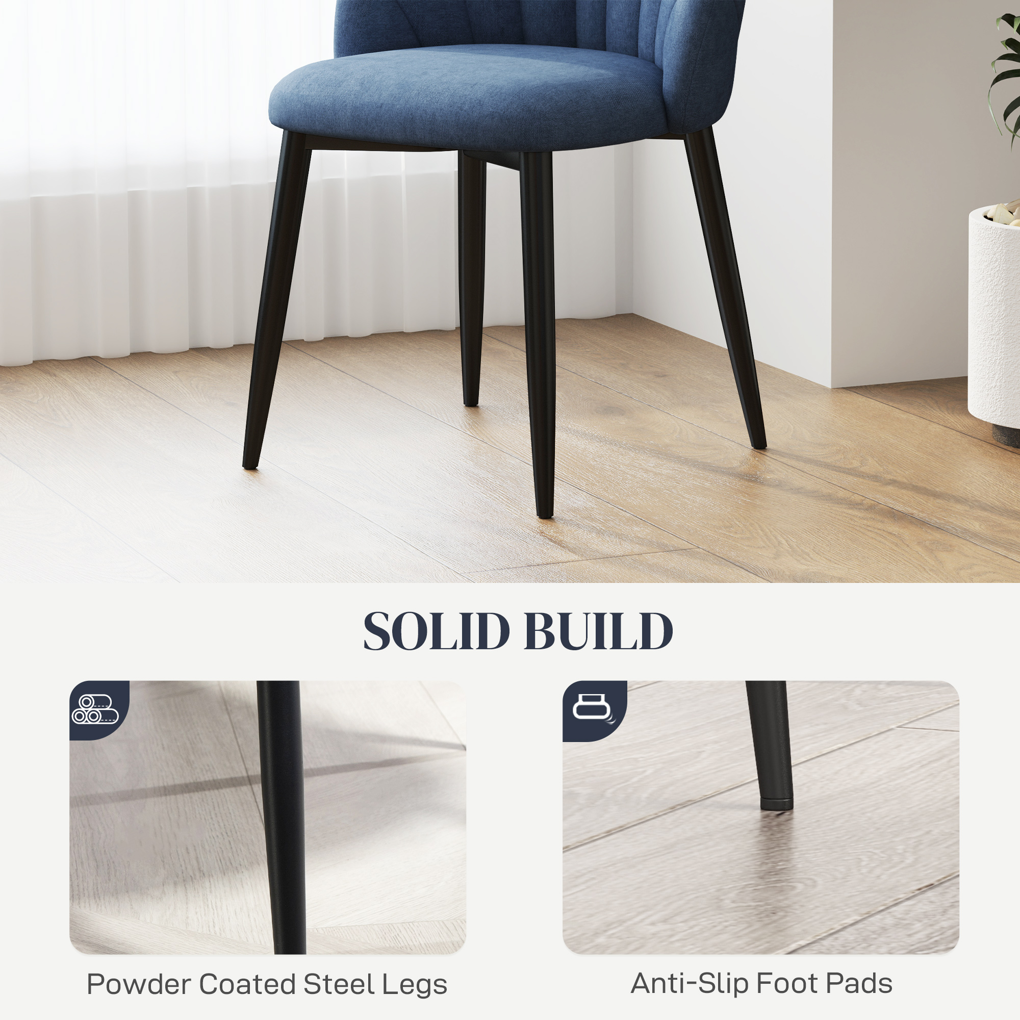 Modern Dining Chairs Set of 4, Upholstered Dining Room Chairs with Metal Legs, Shell Backrest, Padded Seat, Blue - Image 4