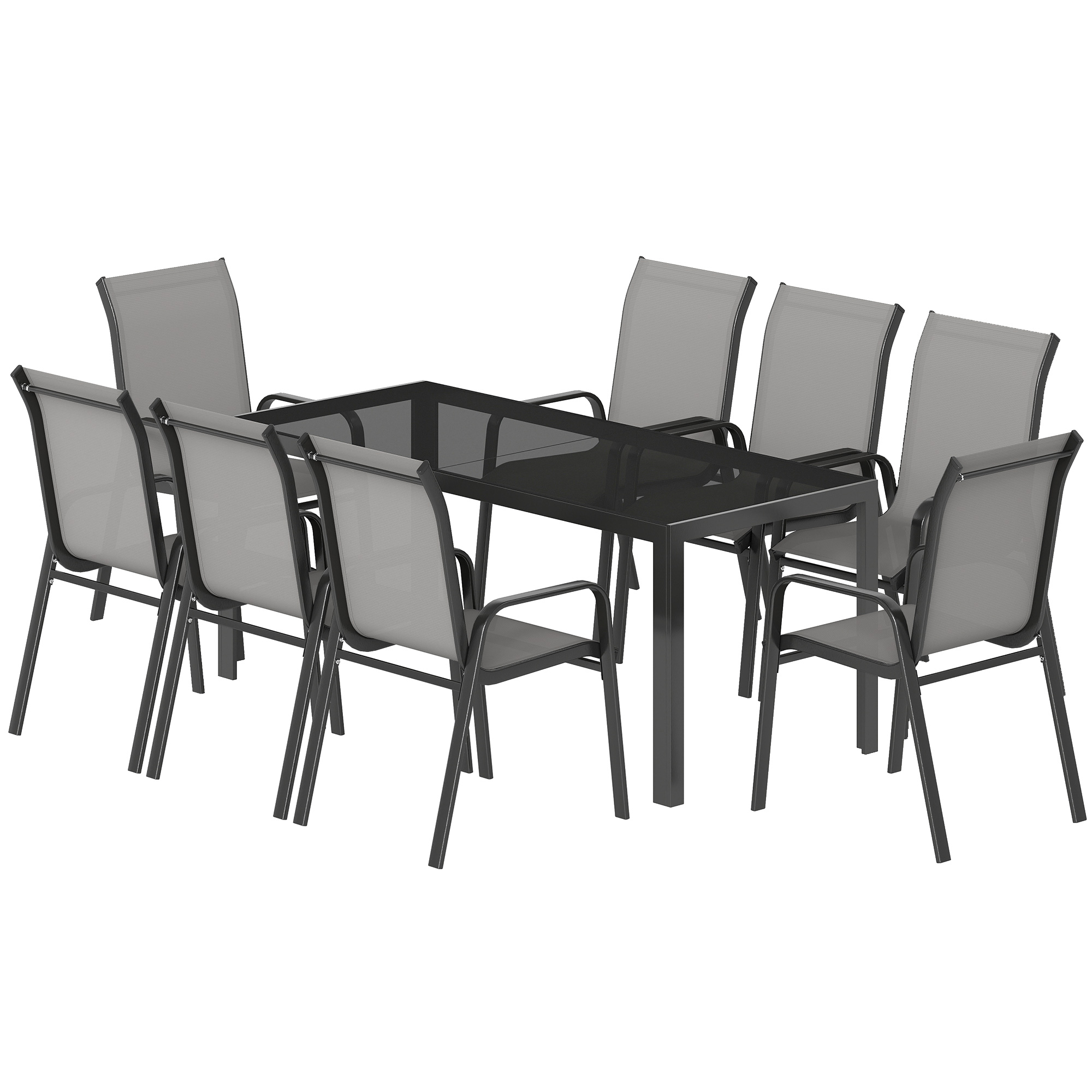 9 Pieces Patio Set with Stackable Chairs, Patio Dining Set with Glass Top for Garden, Patio, Backyard, Light Grey