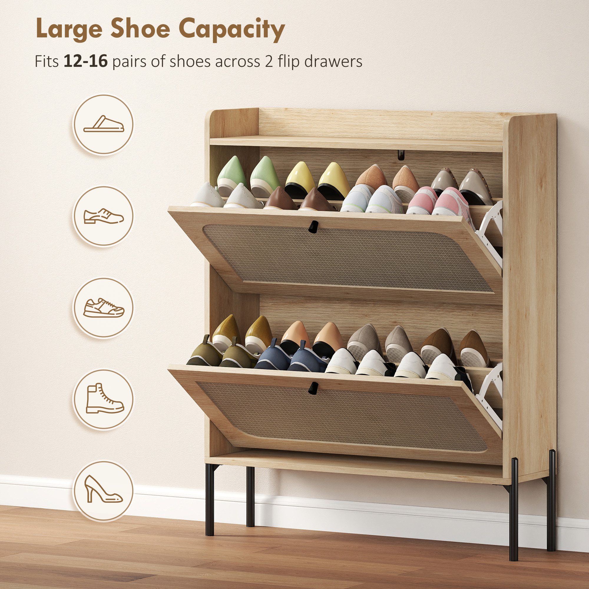 Shoe Cabinet with 2 Flip Drawers, Boho Narrow Shoe Storage Cabinet, Oak - Image 3
