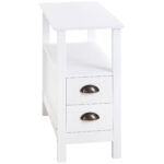Slim End Table with 2 Drawers and Storage Shelf, Sofa Side Table for Living Room, Narrow Nightstand, White