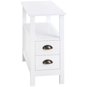 Slim End Table with 2 Drawers and Storage Shelf, Sofa Side Table for Living Room, Narrow Nightstand, White