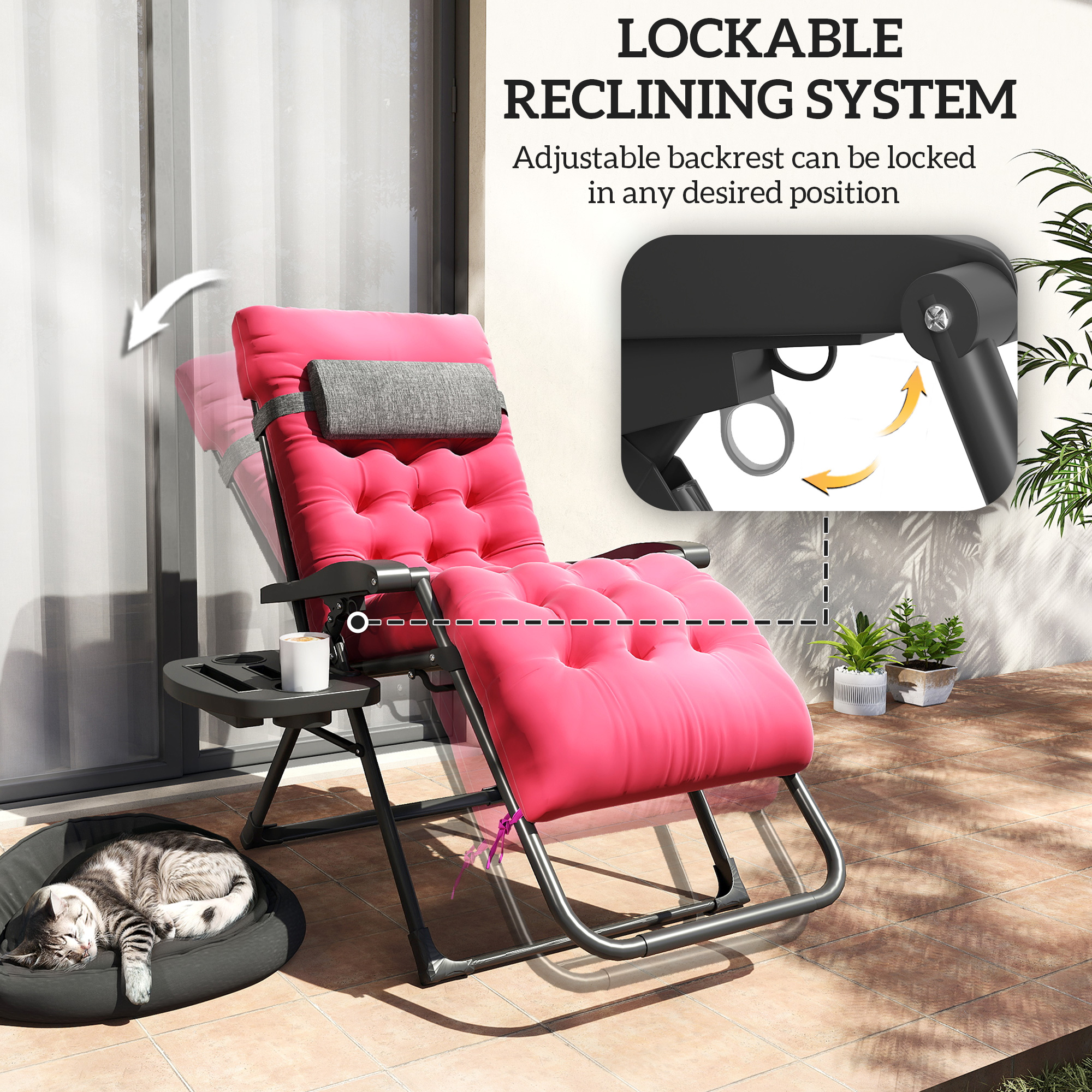 Padded Zero Gravity Chair, Folding Recliner Chair, Patio Lounger with Cup Holder, Adjustable Backrest, Removable Cushion for Outdoor, Deck, Poolside, Red - Image 2