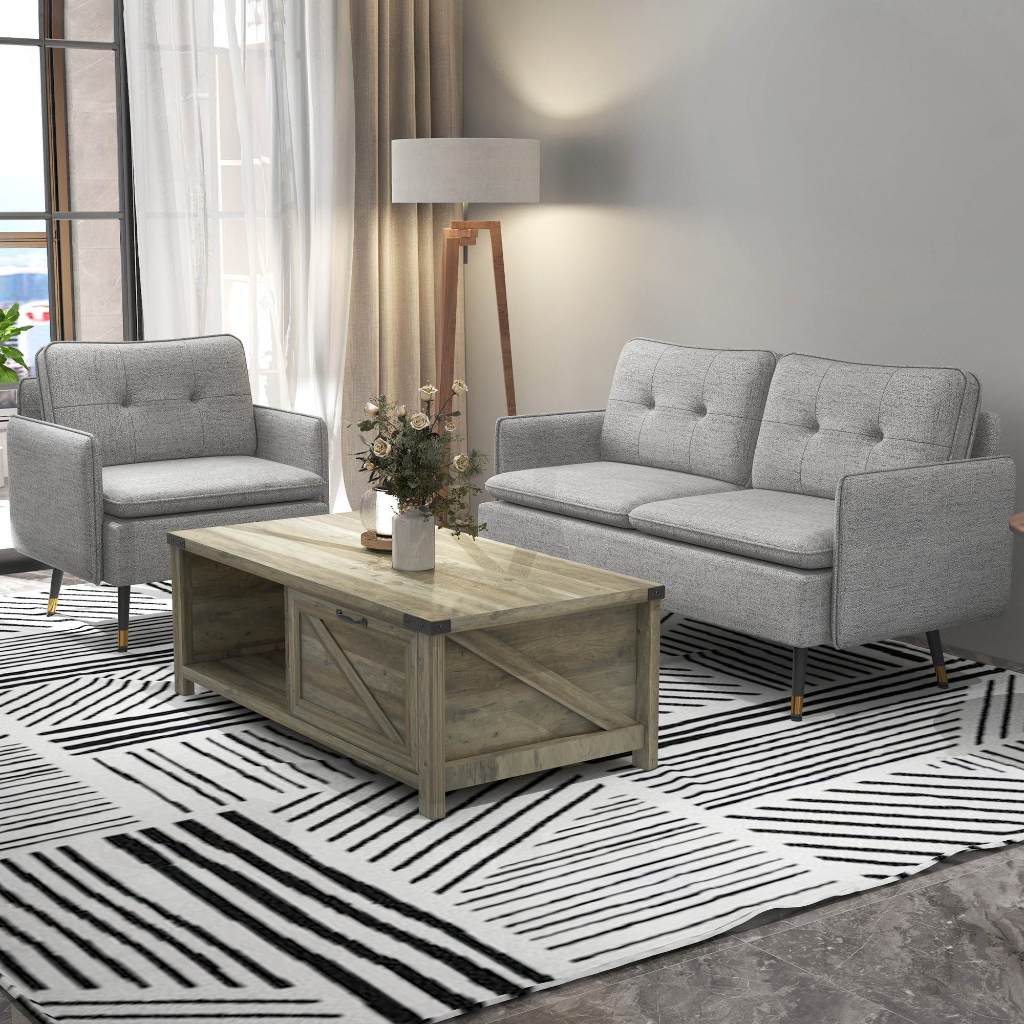 Farmhouse Coffee Table with Drawer and Storage Shelf, Rustic Center Table for Living Room, Meeting Room, Grey - Image 6