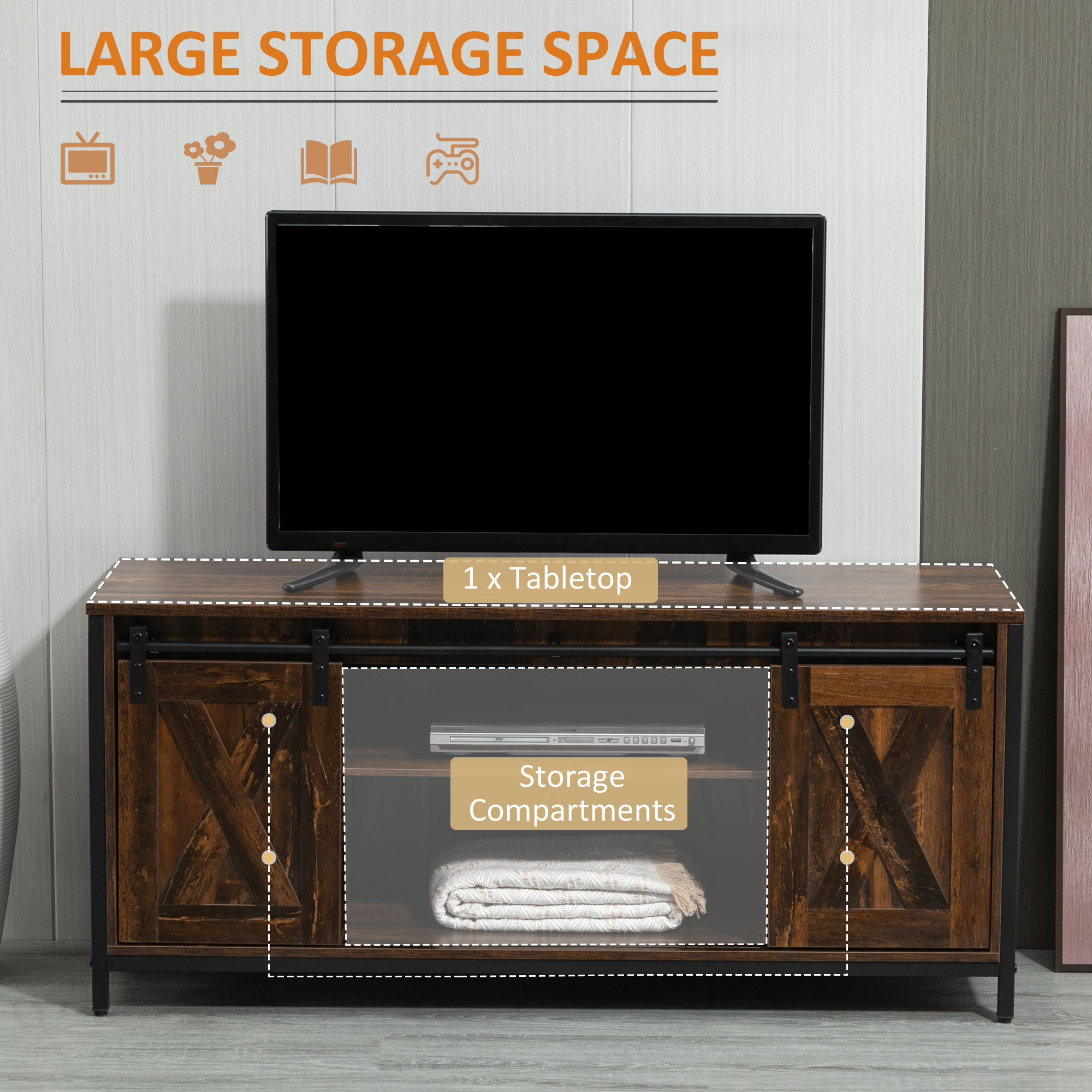 Industrial TV Stand for TVs up to 60", TV Console with Storage and 2 Sliding Barn Doors, Freestanding Entertainment Unit for Living Room, Bedroom, Brown - Image 3