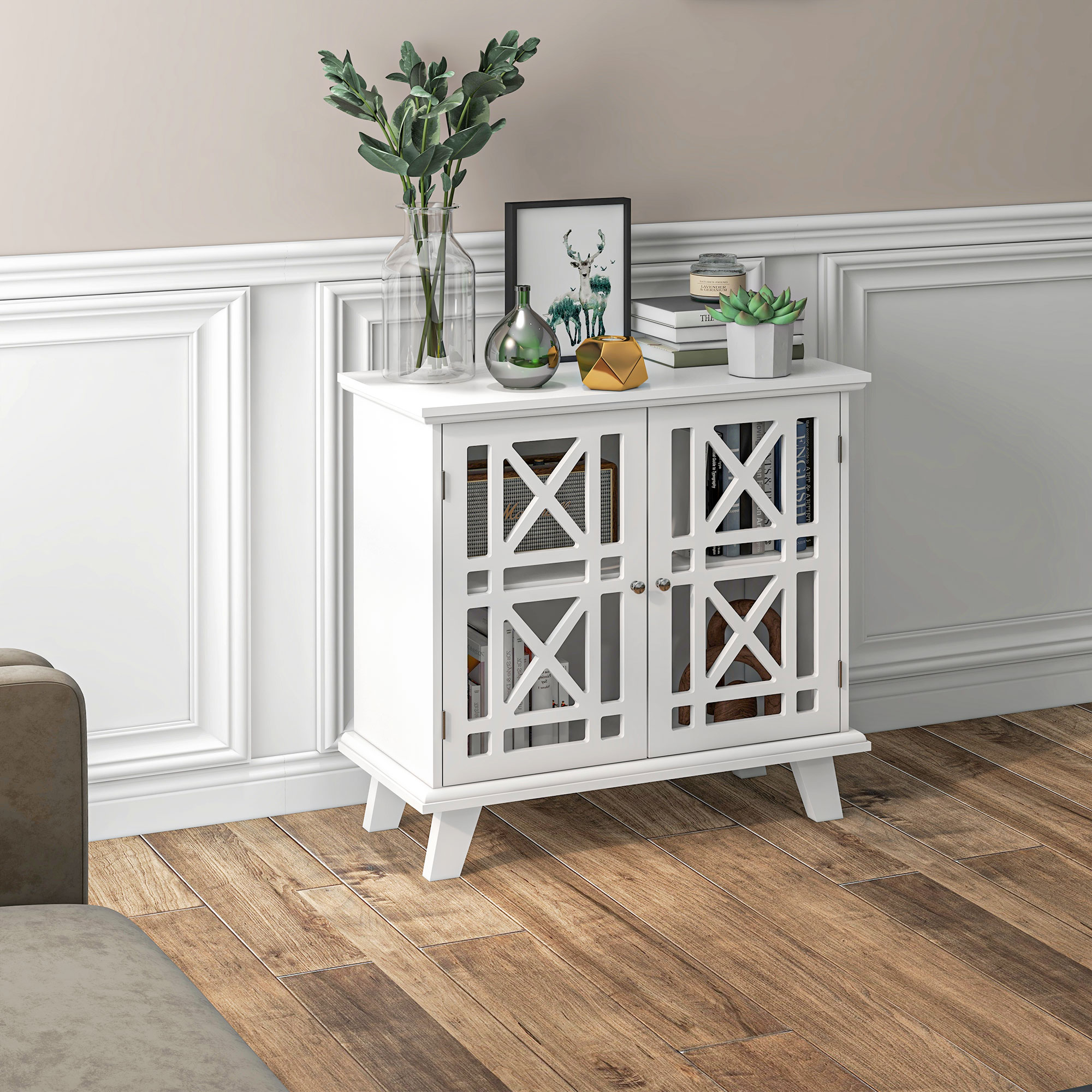 Storage Cabinet with Fretwork Doors and Shelf, Modern Freestanding Sideboard, Buffet, White - Image 5