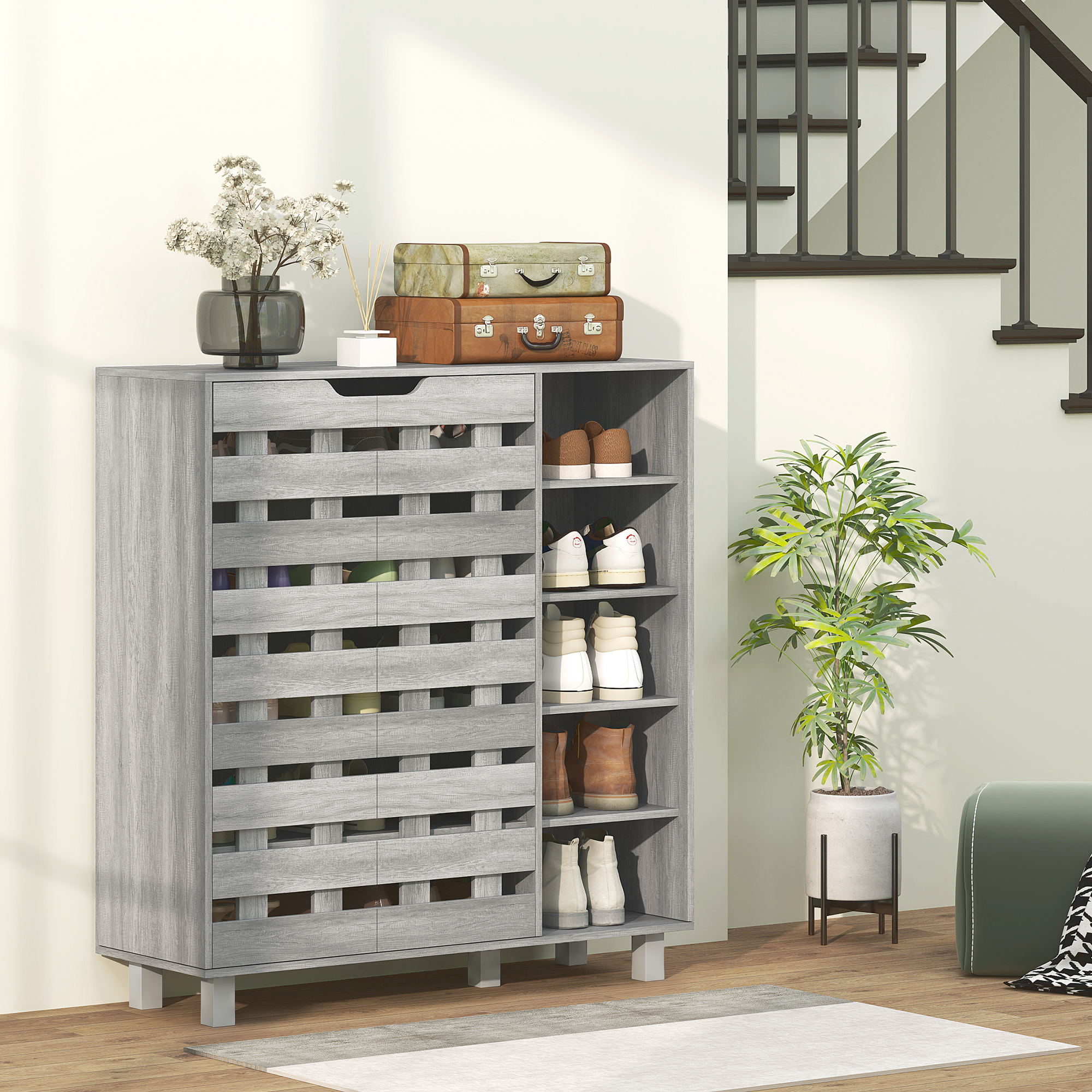Shoe Cabinet, 21 Pair Shoe Storage Cabinet Organizer with 5-tier Double Door Cabinet and 5-tier Open Shelves, Light Grey - Image 6