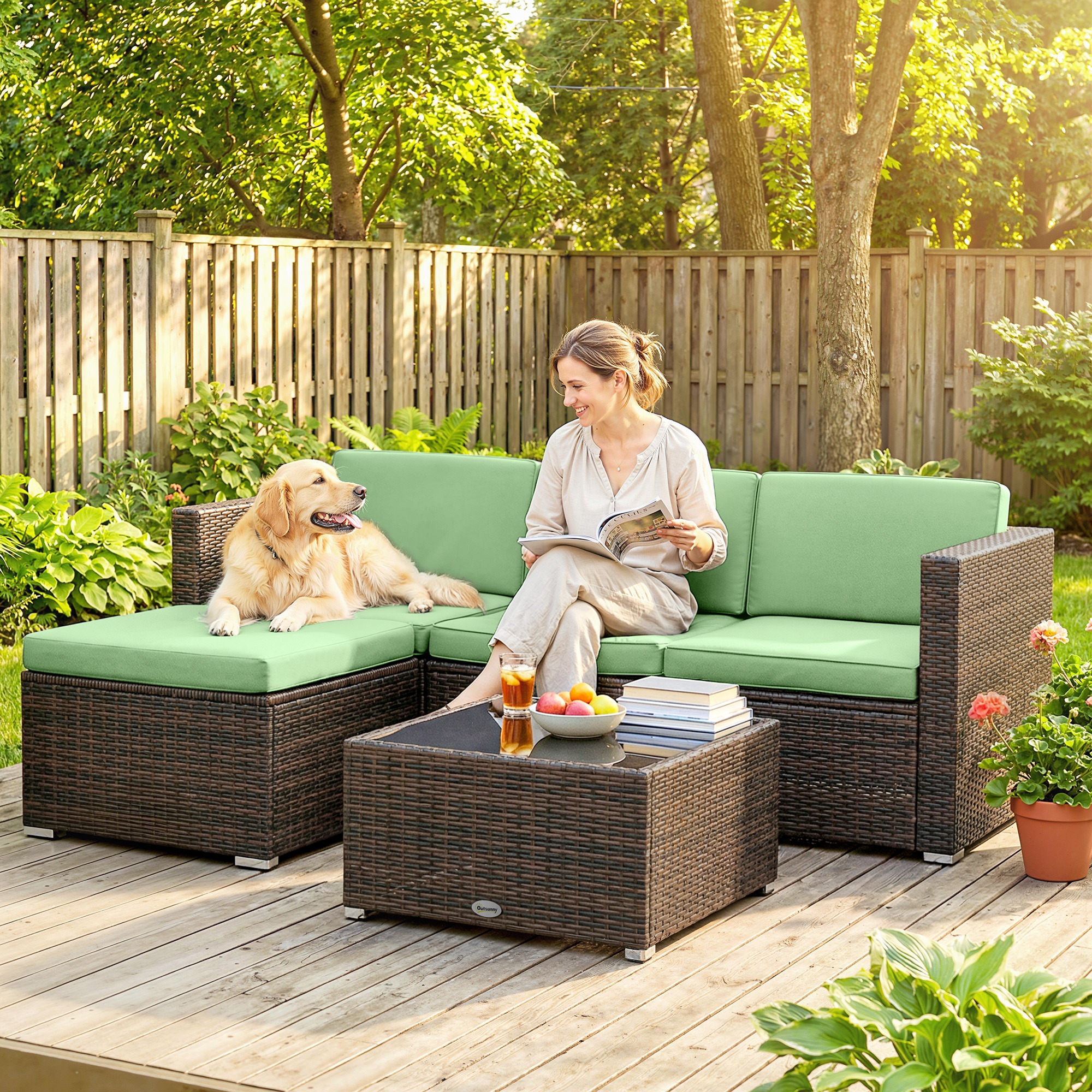 3 Pieces Patio Furniture Set with Cushions, Outdoor PE Rattan Wicker Conversation Corner Sofa Set, Light Green - Image 6