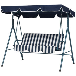 3-Seater Outdoor Porch Swing with Adjustable Canopy, Patio Swing Chair for Garden, Poolside, Backyard, Blue and White