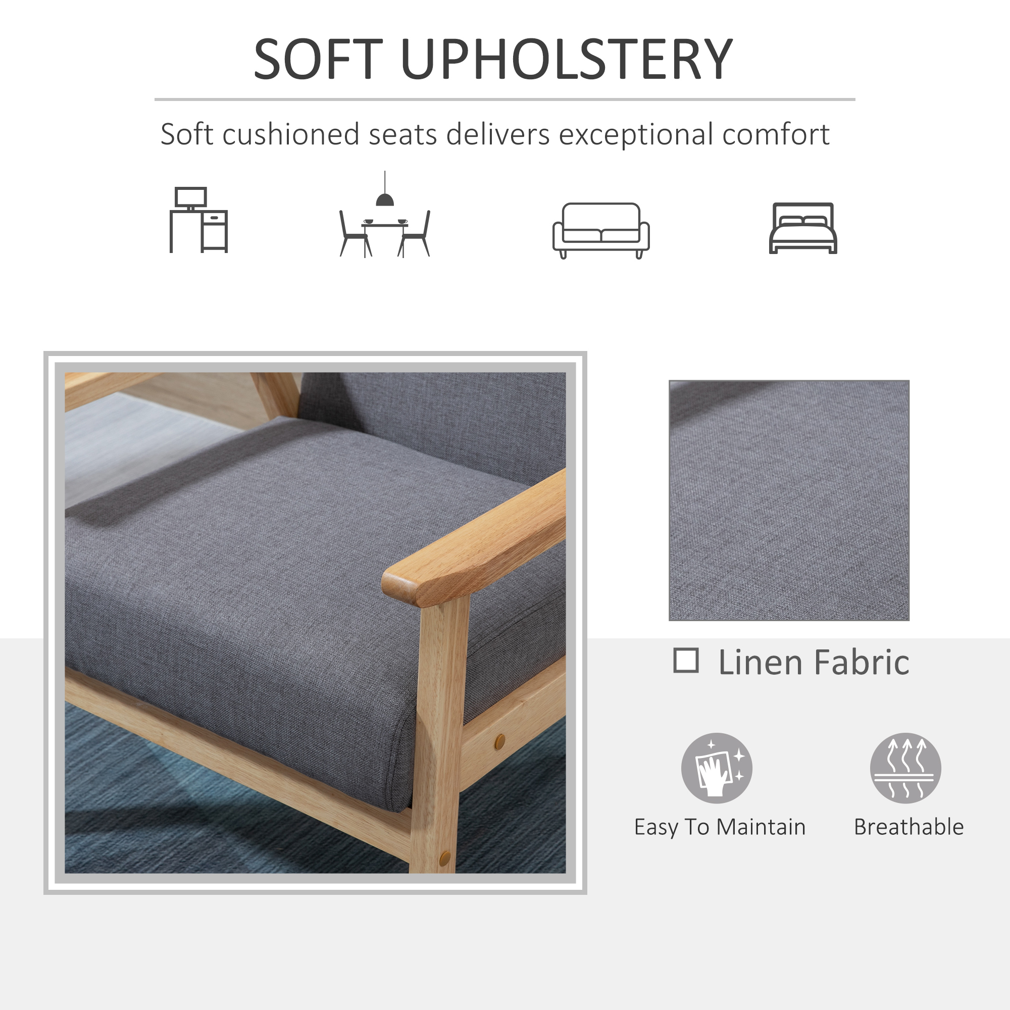 Minimalistic Accent Chairs Wood Frame w/ Thick Linen Cushions Wide Seat Armchair for Bedroom Office, Grey - Image 2