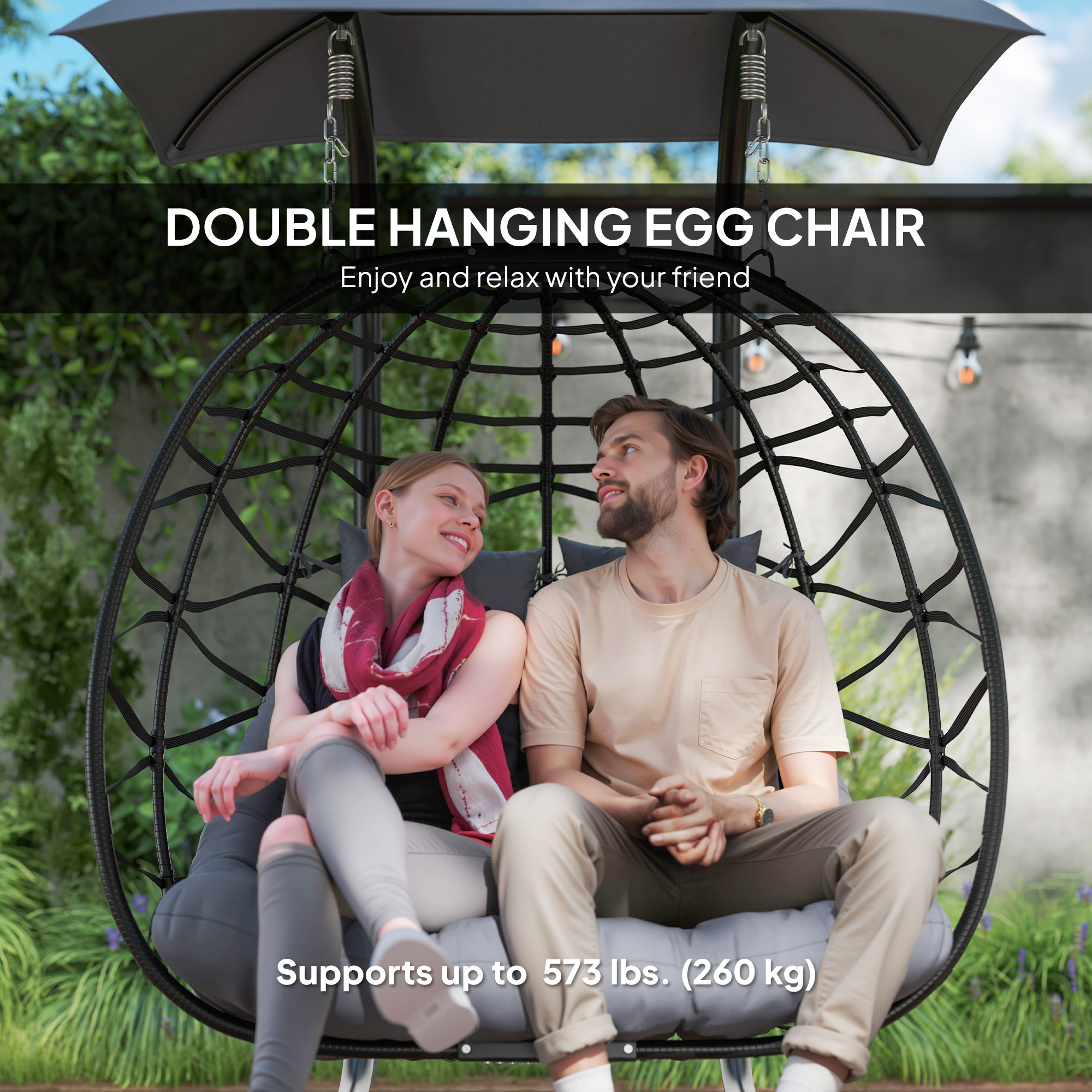 Double Wicker Egg Swing Chair with Canopy, Foldable Hanging Egg Chair with Stand Cushion Headrest, Black - Image 2
