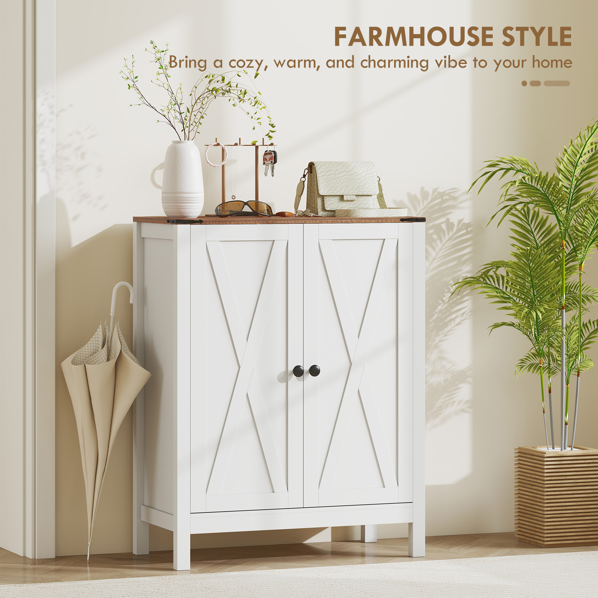 Shoe Cabinet with Barn Doors, Farmhouse Shoe Storage Cabinet with Adjustable Shelves, Holds up to 15 Pairs, White - Image 2
