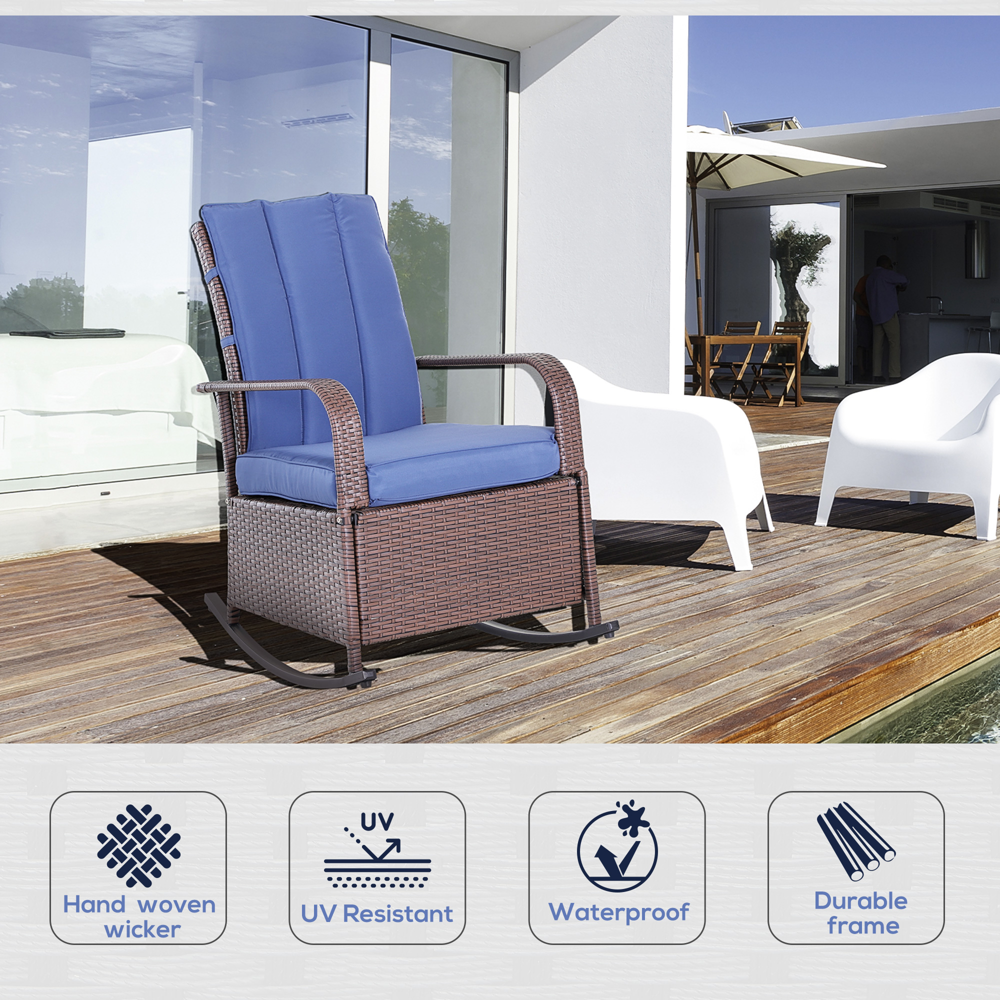 Outdoor Wicker Rocking Chair with Cushion, Patio PE Rattan Recliner Chair with Adjustable Footrest, Armrests, Dark Blue - Image 2